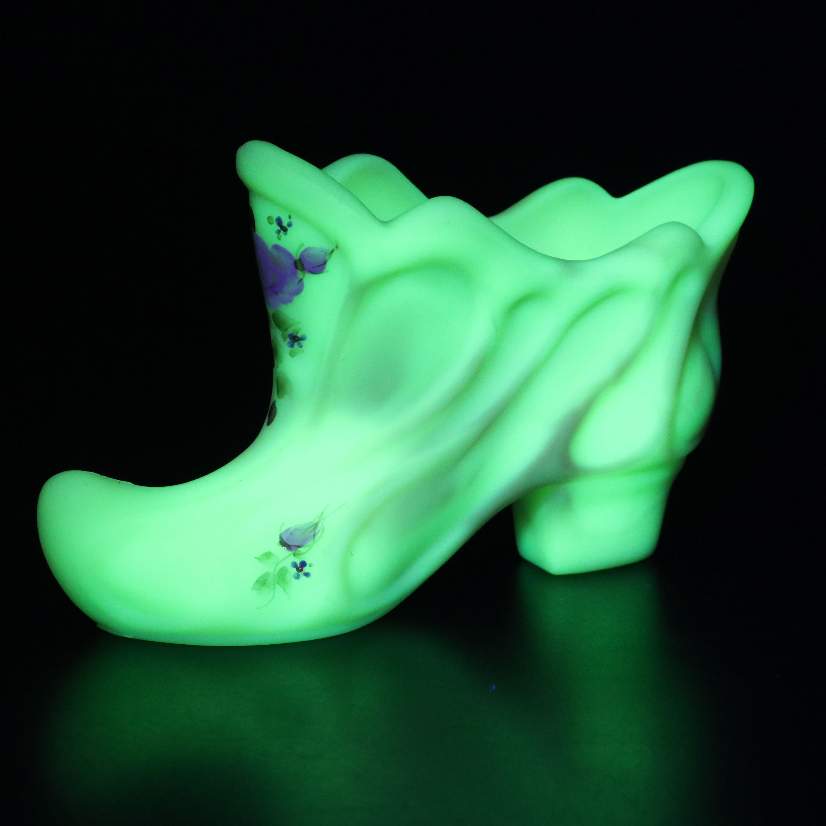 Fenton Hand-Painted Floral Glass Shoe and Egg Figures with Carnival Glass Cat