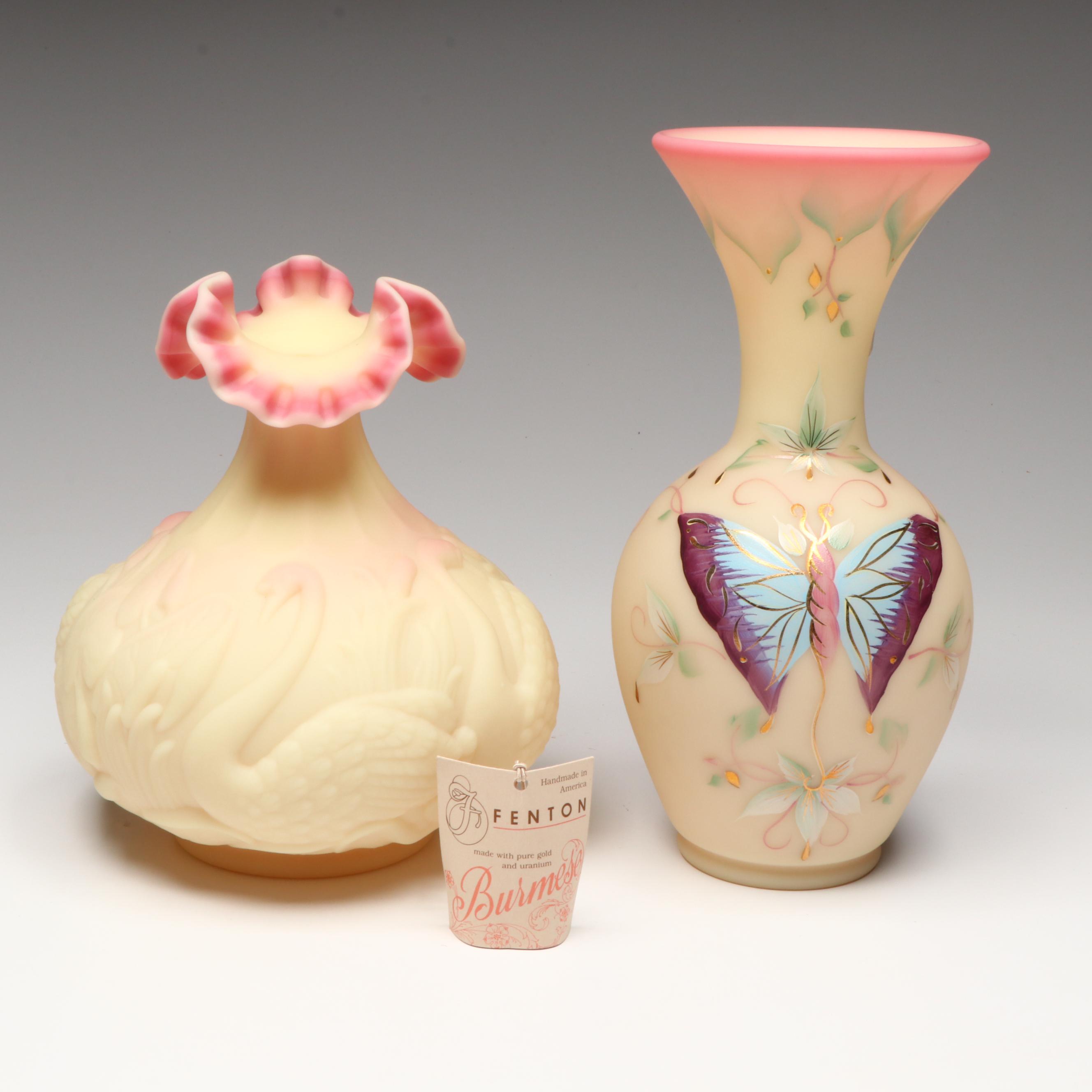 Fenton Embossed Swan Burmese Glass Vase with Hand-Painted Butterfly Vase