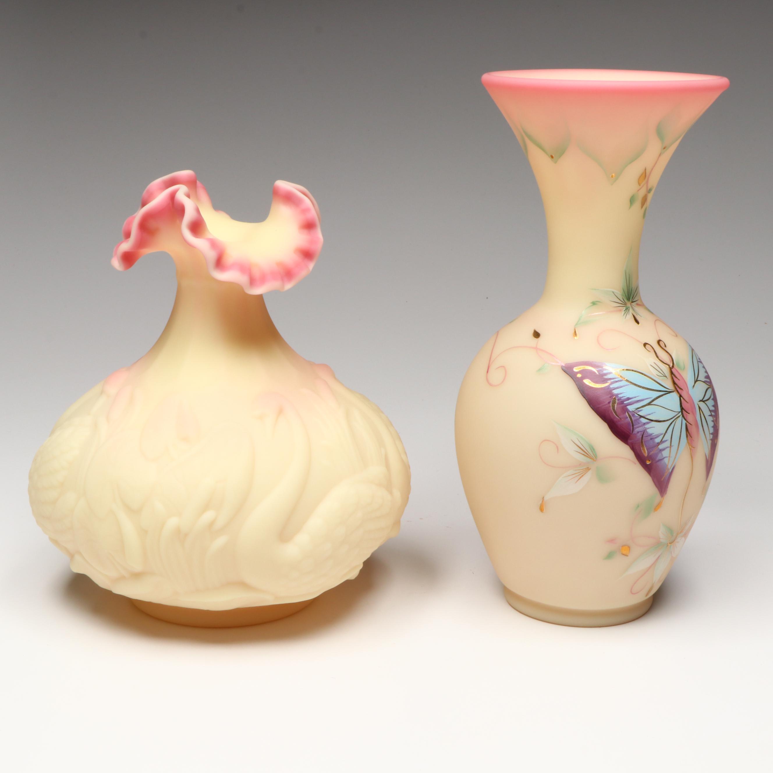 Fenton Embossed Swan Burmese Glass Vase with Hand-Painted Butterfly Vase