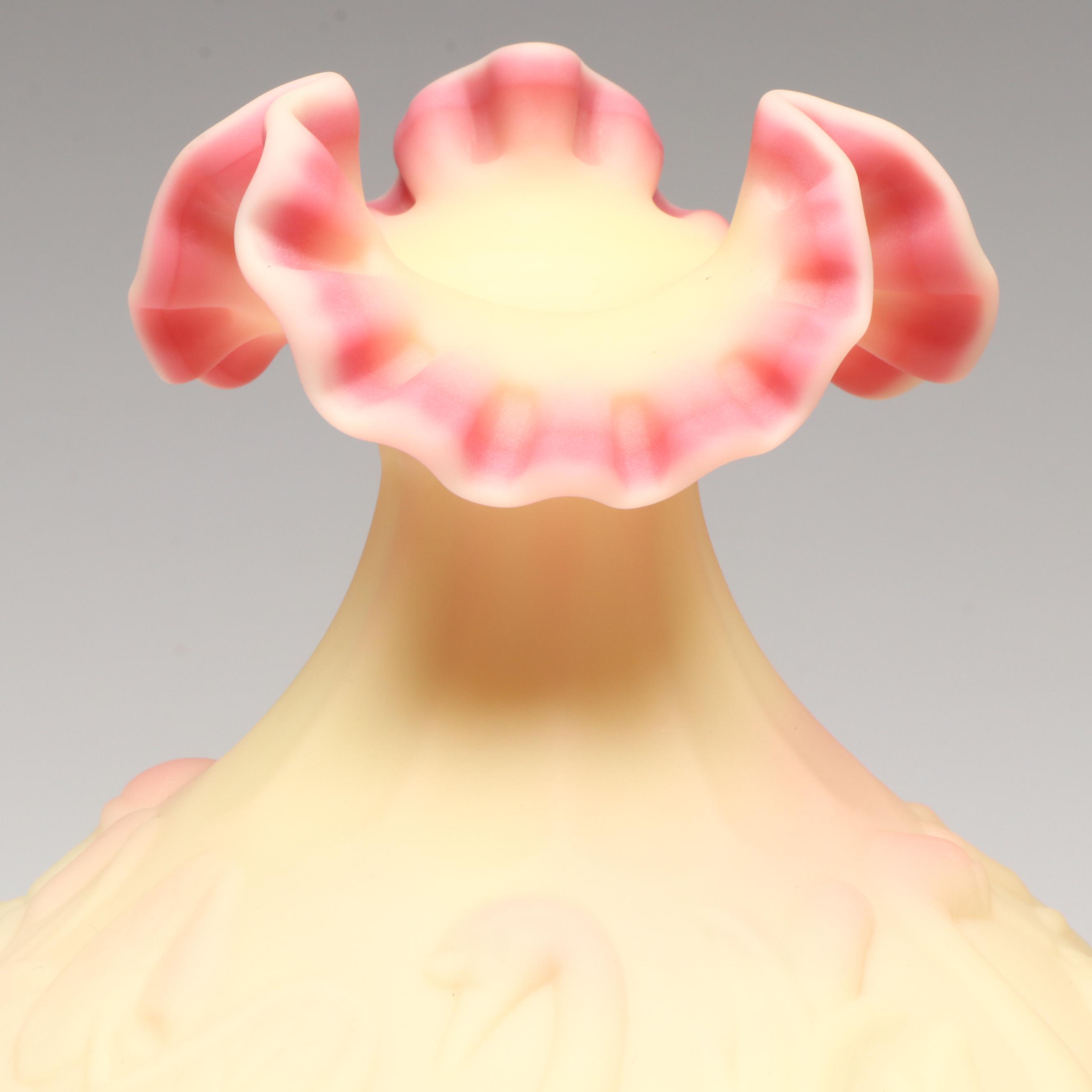 Fenton Embossed Swan Burmese Glass Vase with Hand-Painted Butterfly Vase