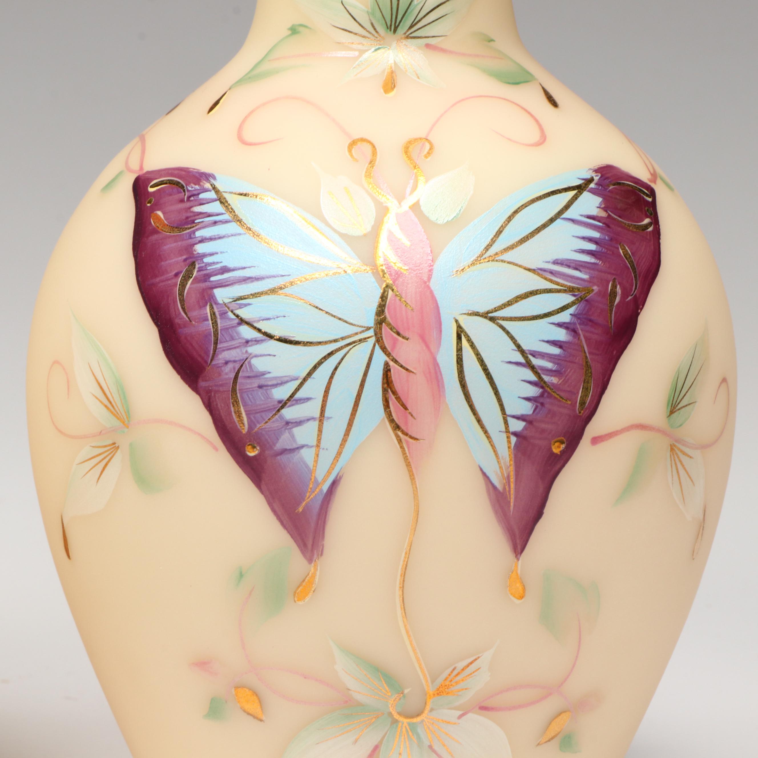 Fenton Embossed Swan Burmese Glass Vase with Hand-Painted Butterfly Vase