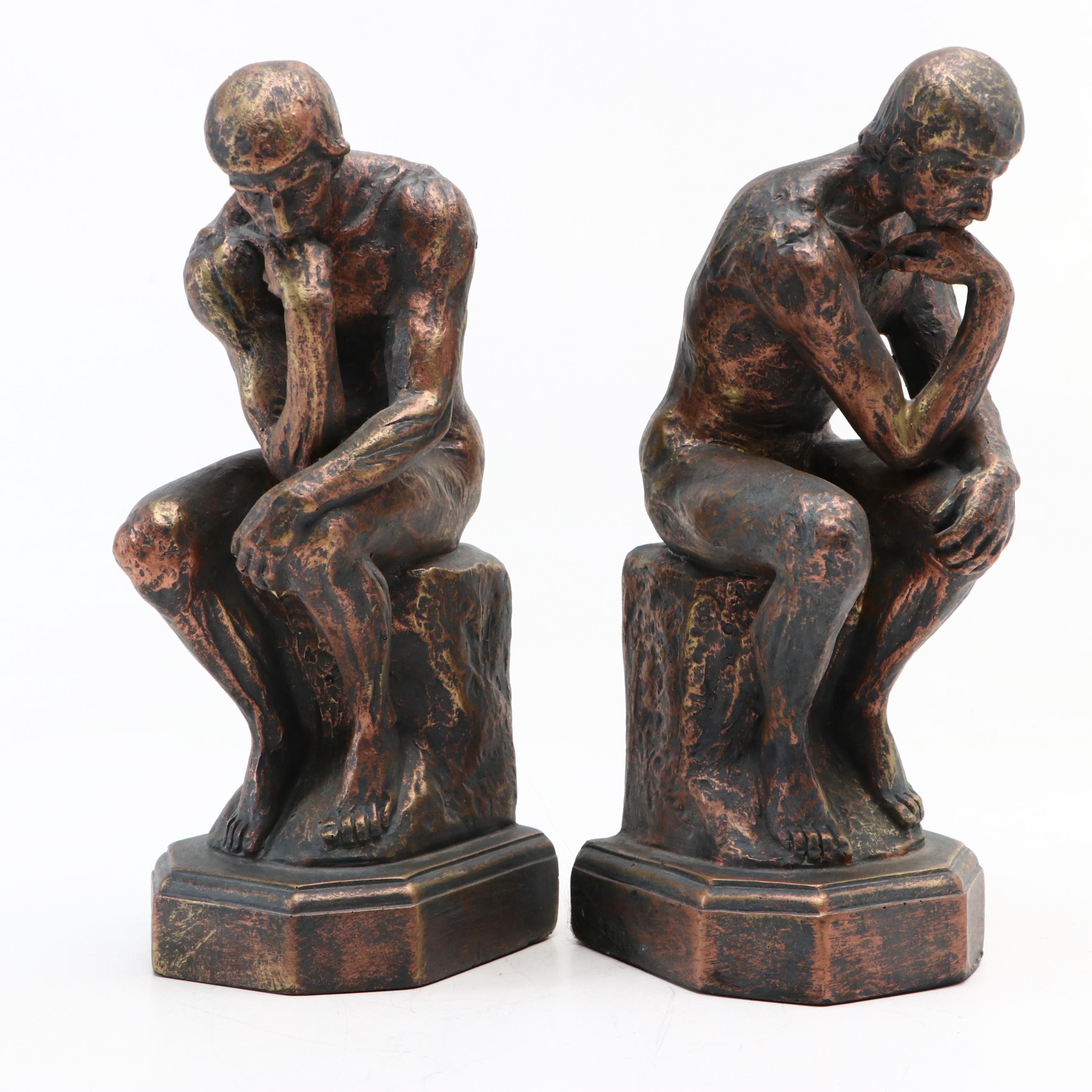"The Thinker" Chalkware Bookends After Auguste Rodin