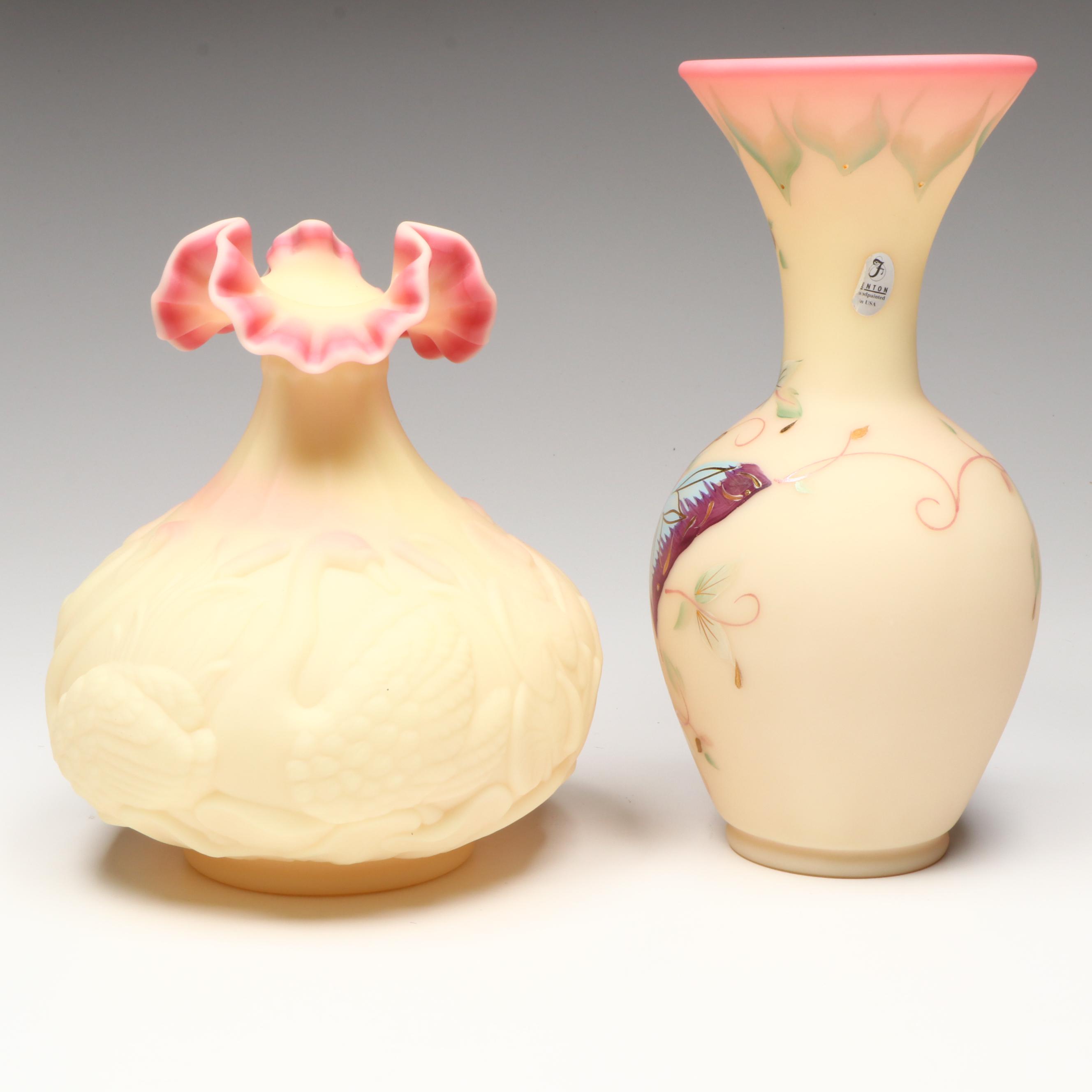 Fenton Embossed Swan Burmese Glass Vase with Hand-Painted Butterfly Vase