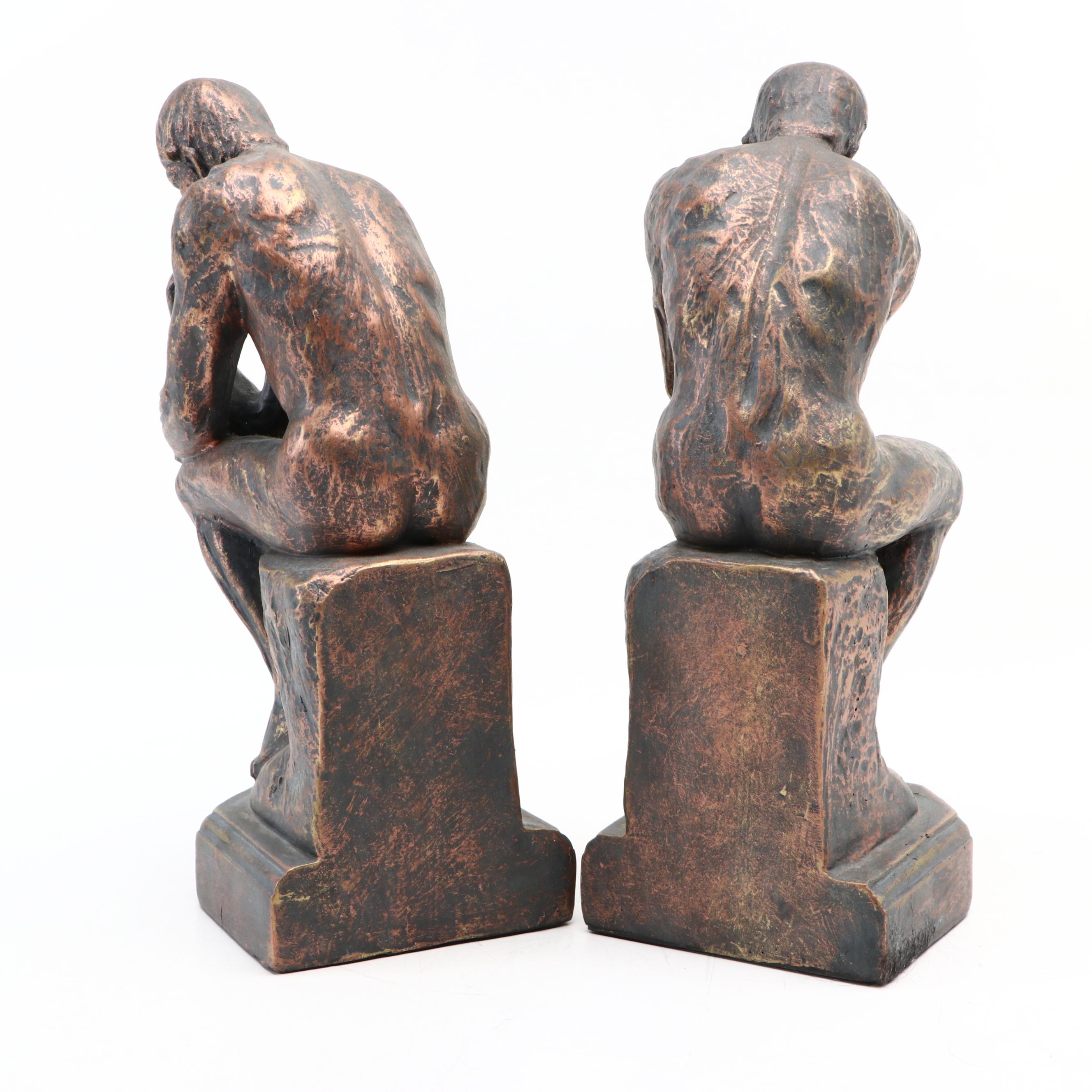 "The Thinker" Chalkware Bookends After Auguste Rodin