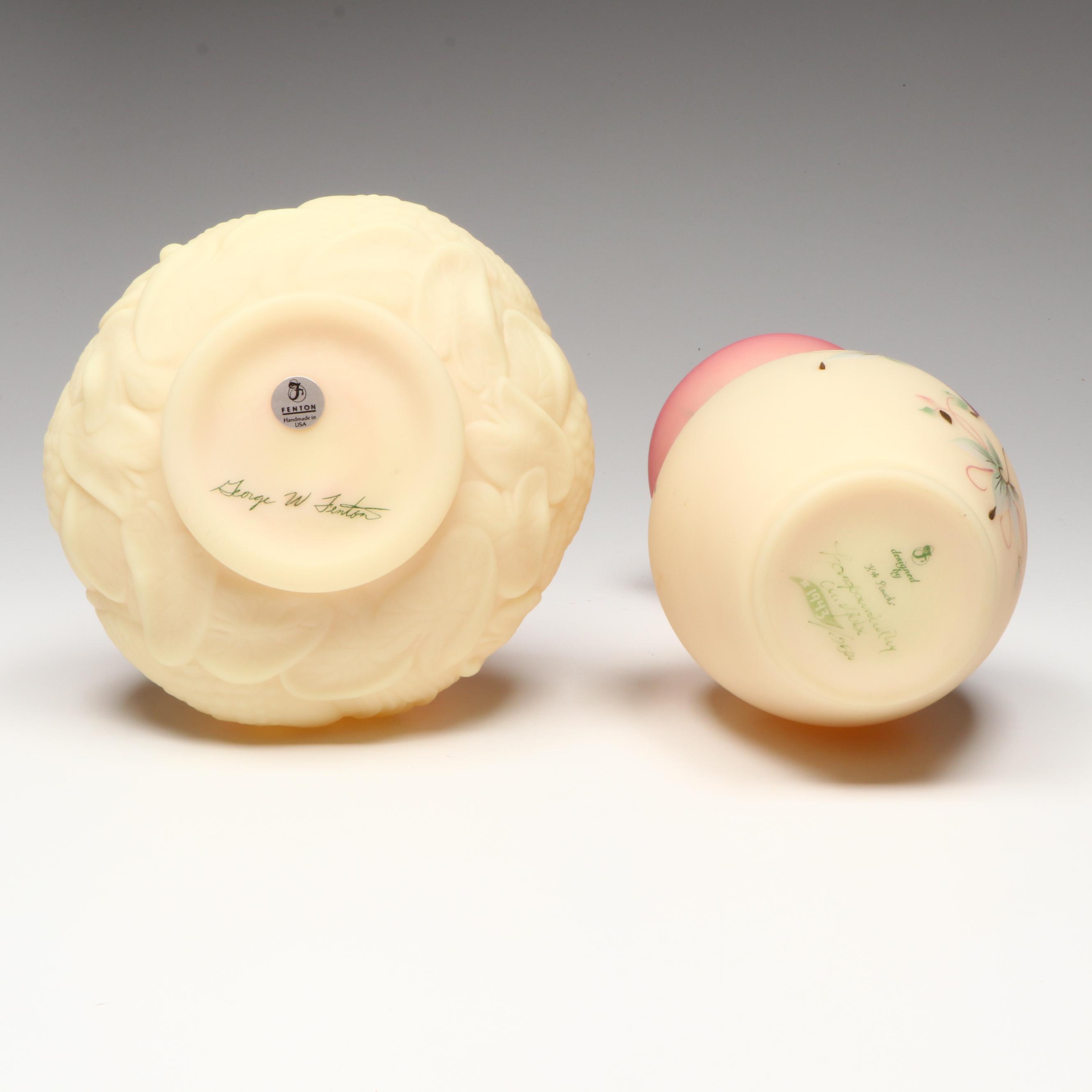 Fenton Embossed Swan Burmese Glass Vase with Hand-Painted Butterfly Vase