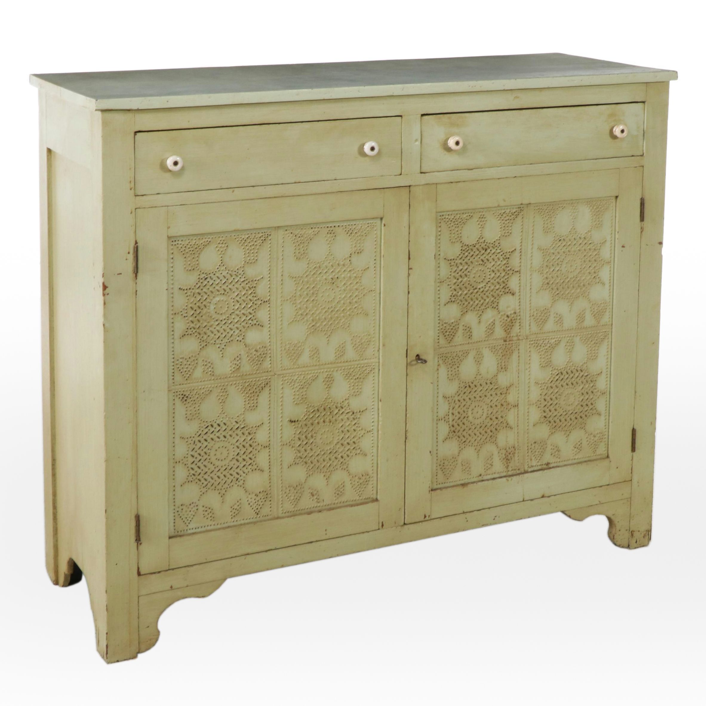 Antique Punched Tin and Painted Cabinet