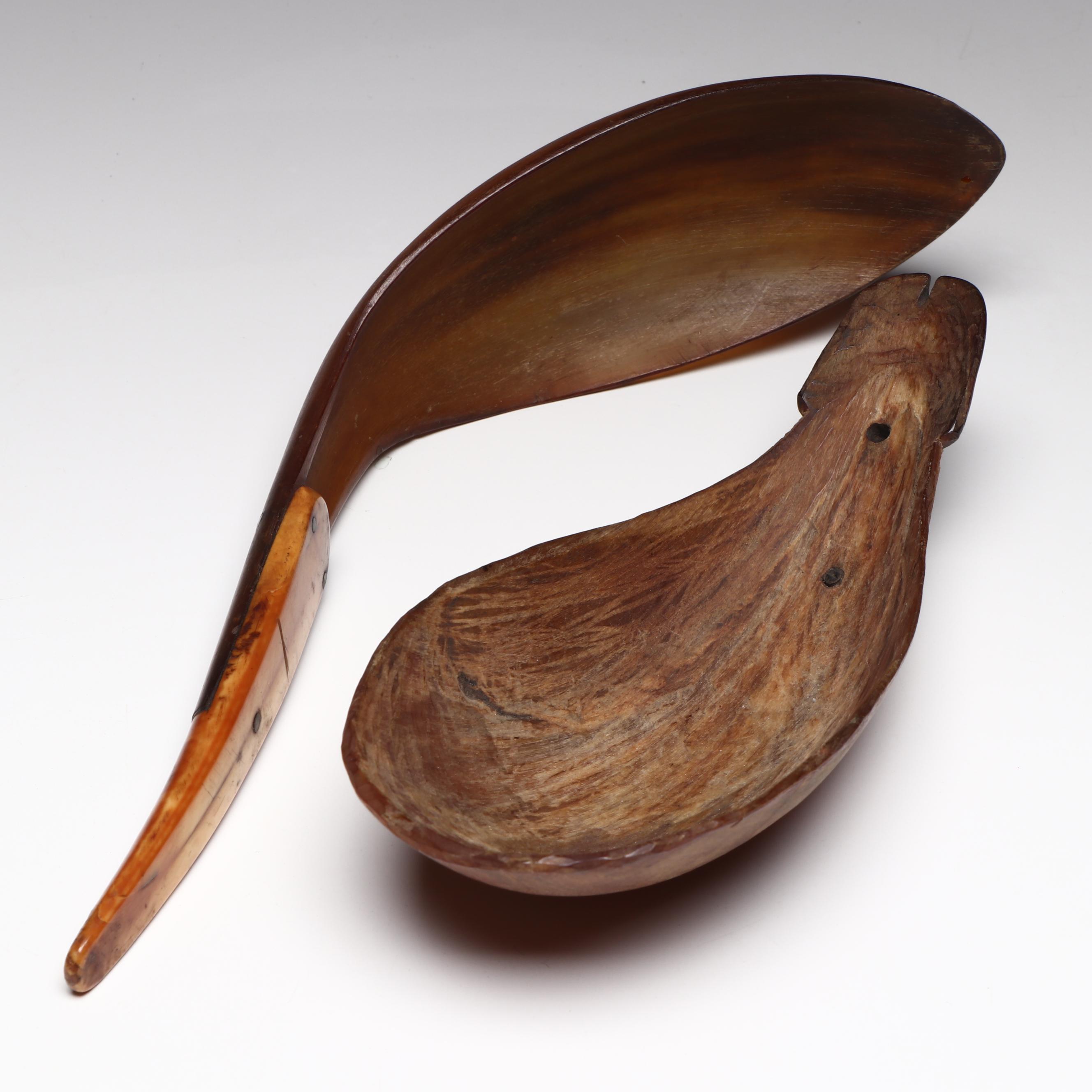 Indigenous Pacific Northwest Horn, Fossilized Ivory and Carved Wood Spoons