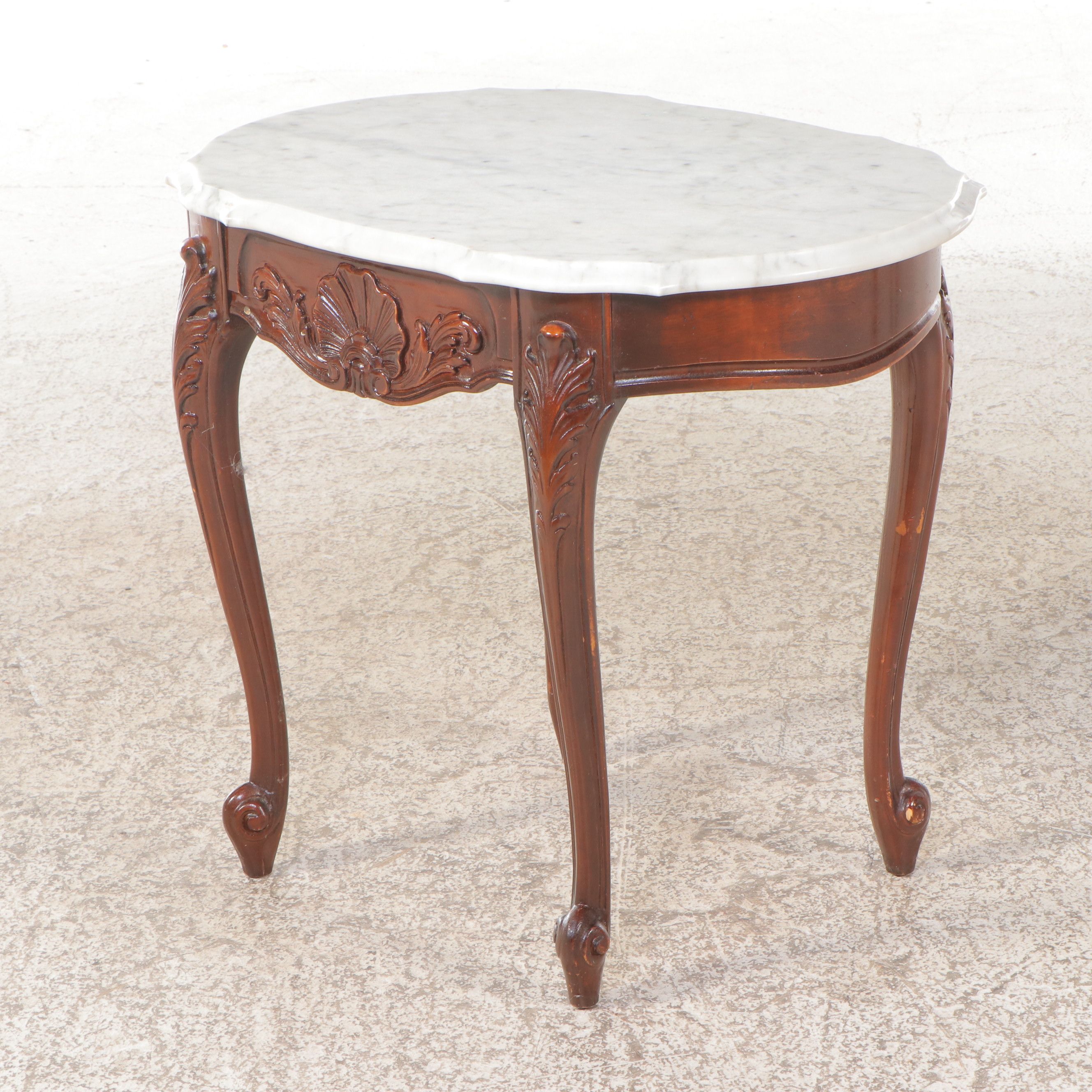Pair of Victorian Carved Walnut End Tables with Marble Tops