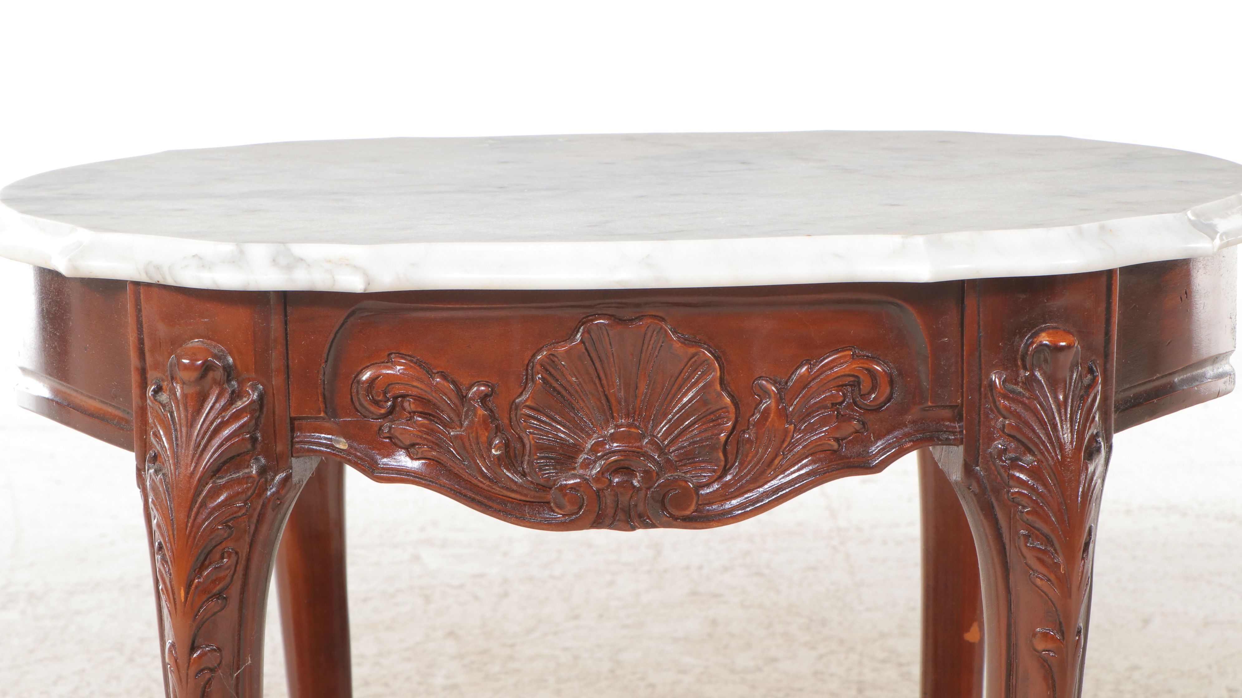Pair of Victorian Carved Walnut End Tables with Marble Tops