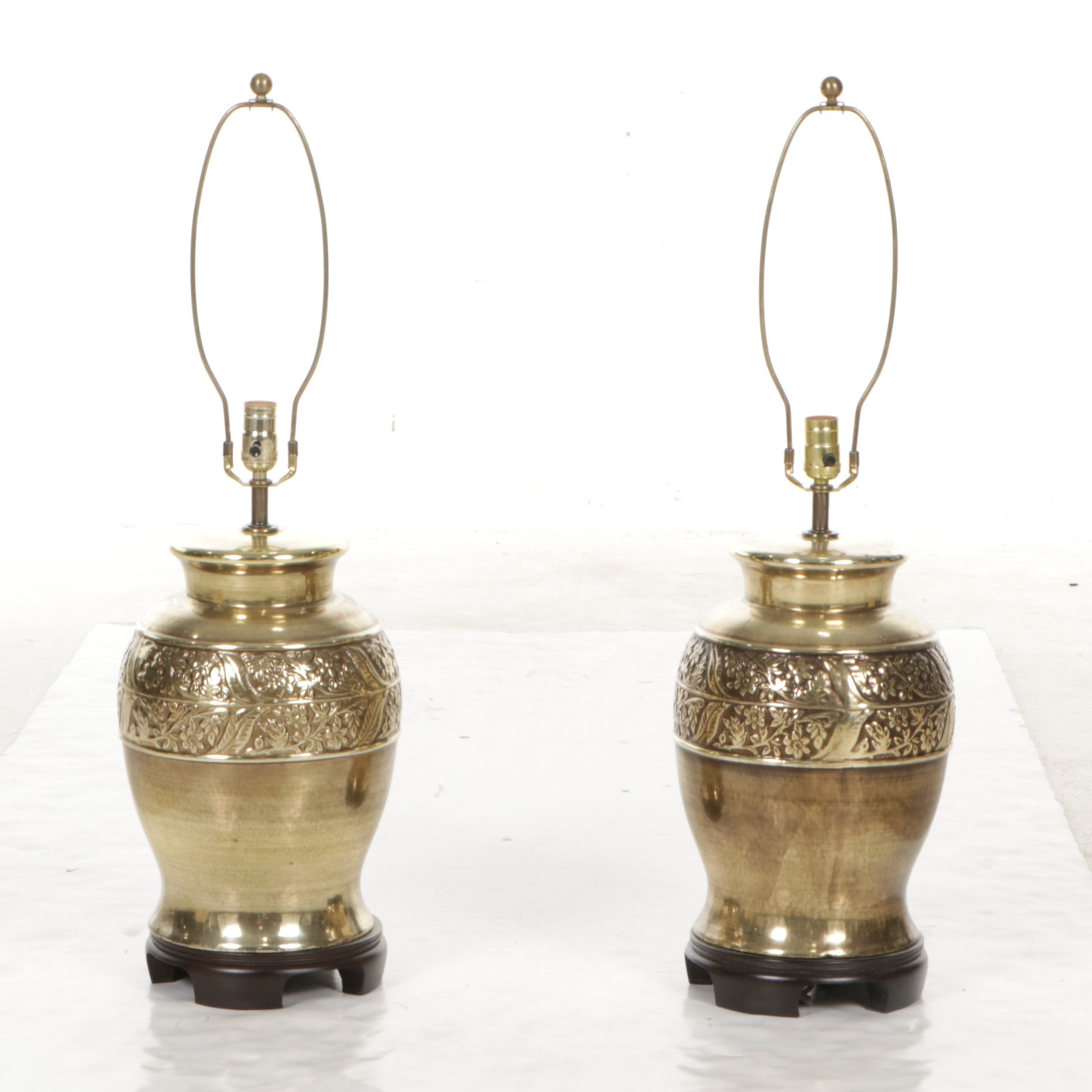 Floral Embossed Brass Urn Table Lamps with Pleated Lampshades