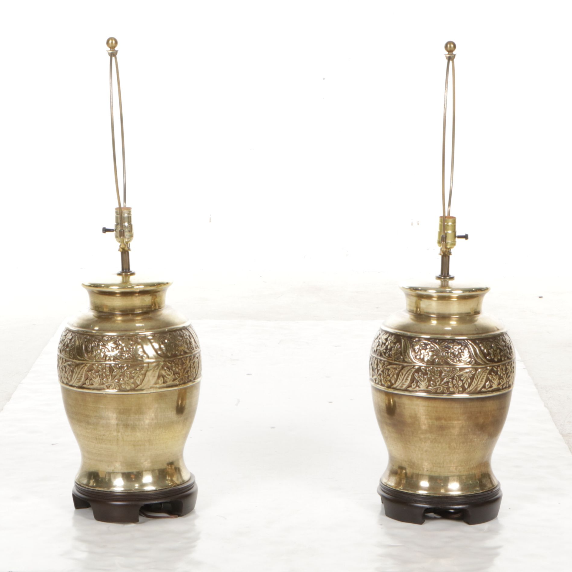 Floral Embossed Brass Urn Table Lamps with Pleated Lampshades