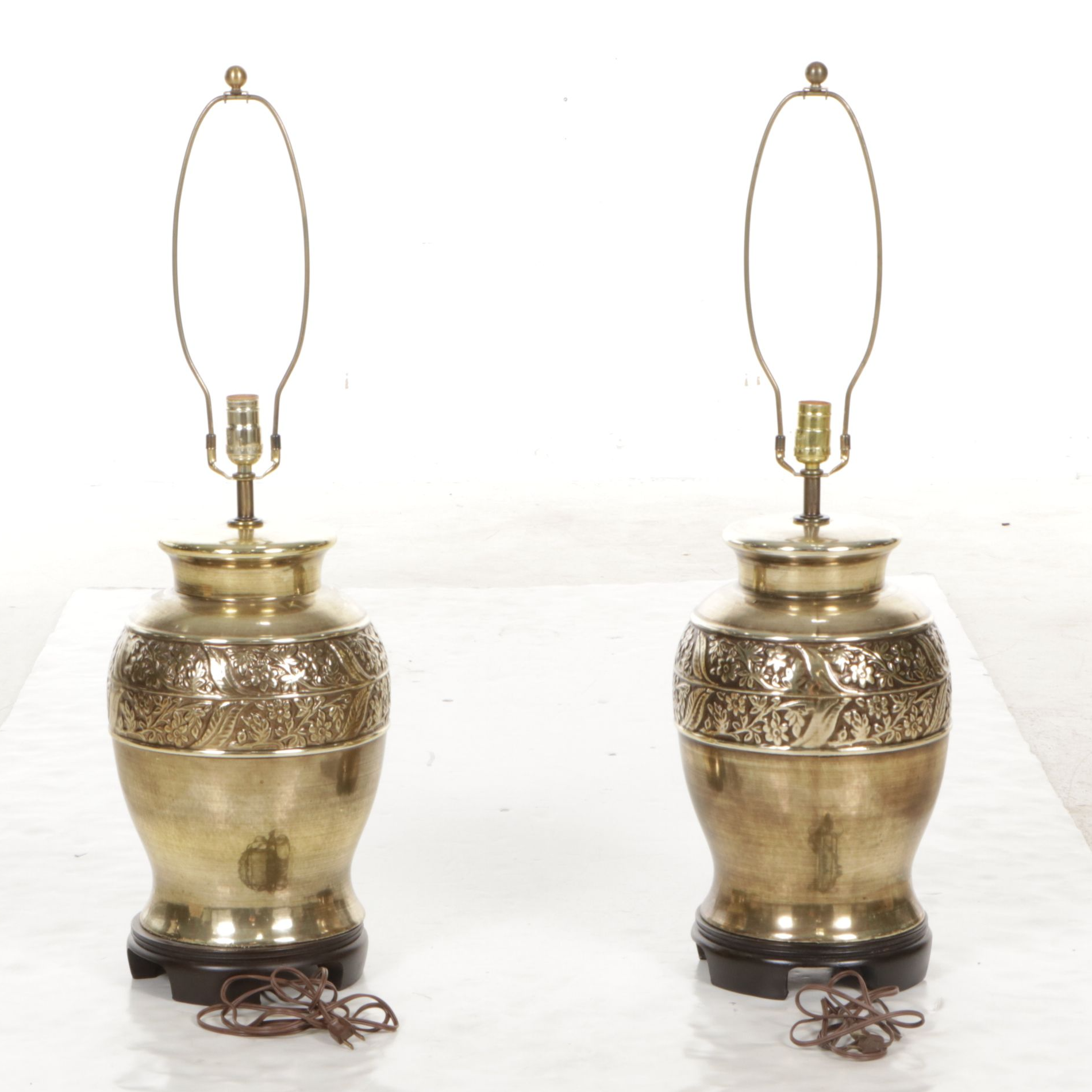 Floral Embossed Brass Urn Table Lamps with Pleated Lampshades