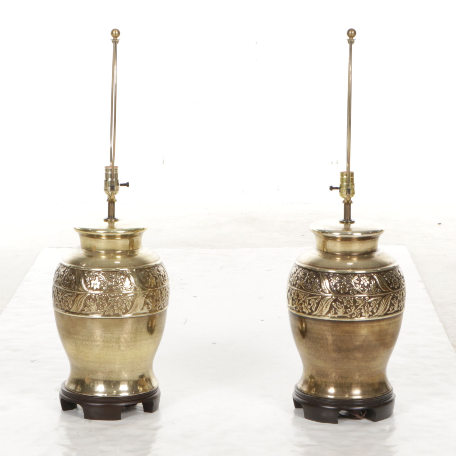 Floral Embossed Brass Urn Table Lamps with Pleated Lampshades