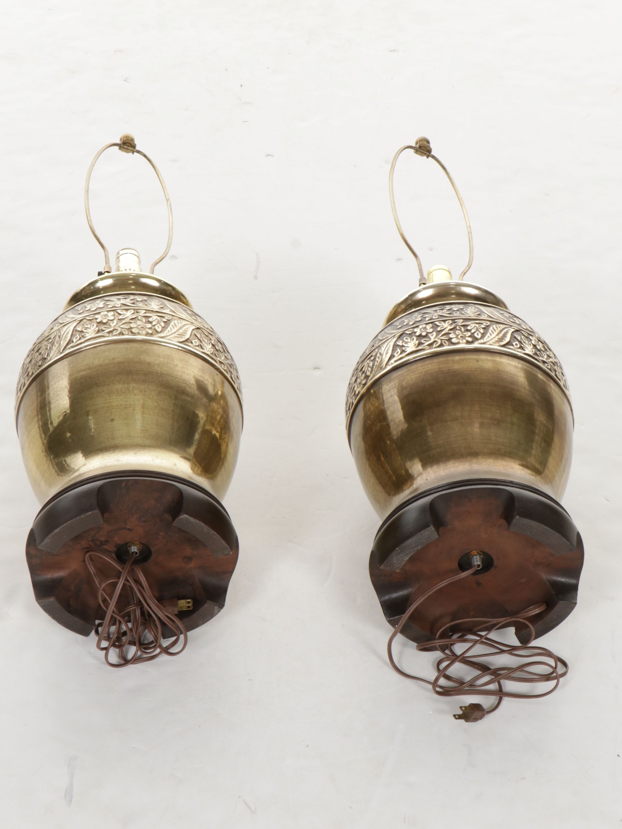 Floral Embossed Brass Urn Table Lamps with Pleated Lampshades