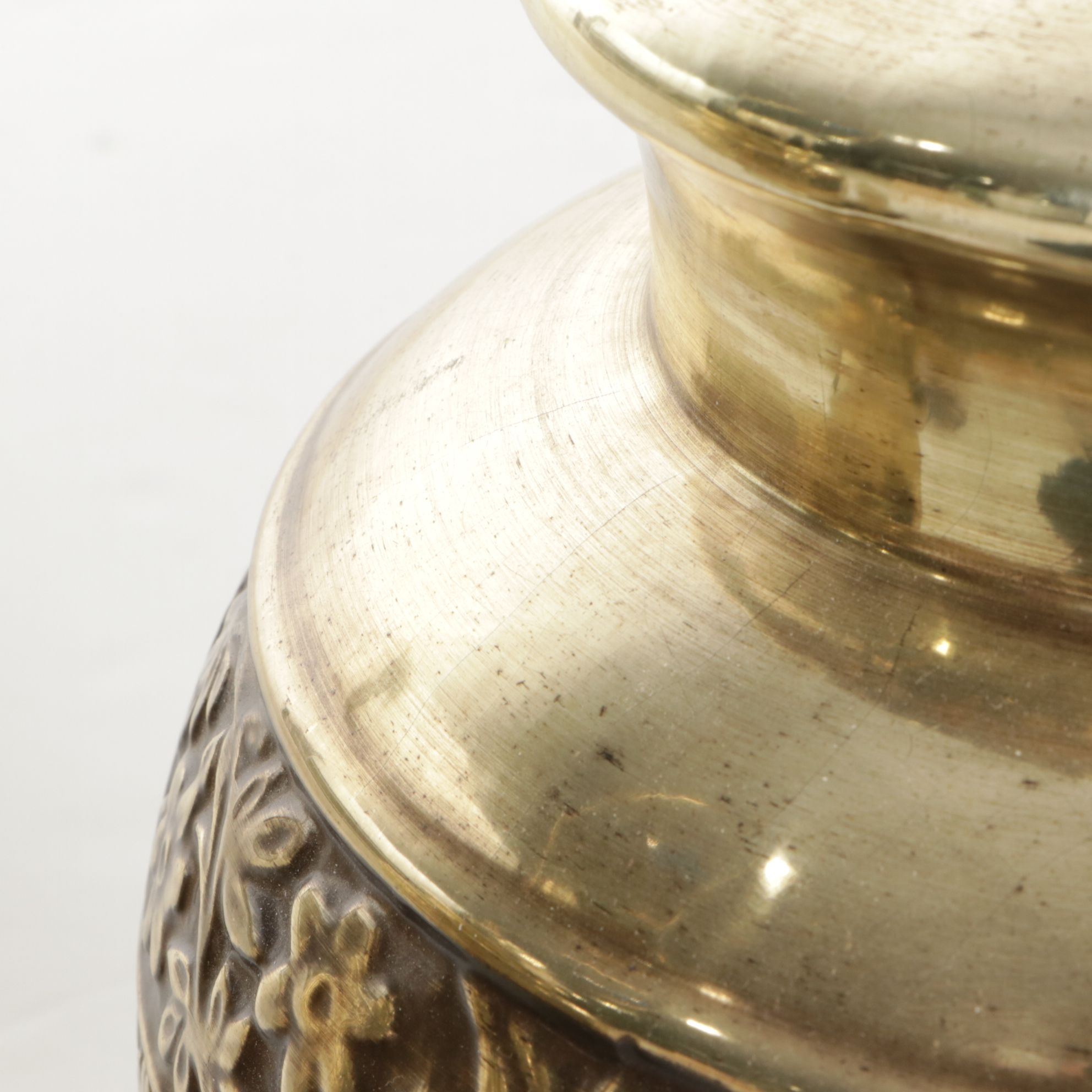 Floral Embossed Brass Urn Table Lamps with Pleated Lampshades