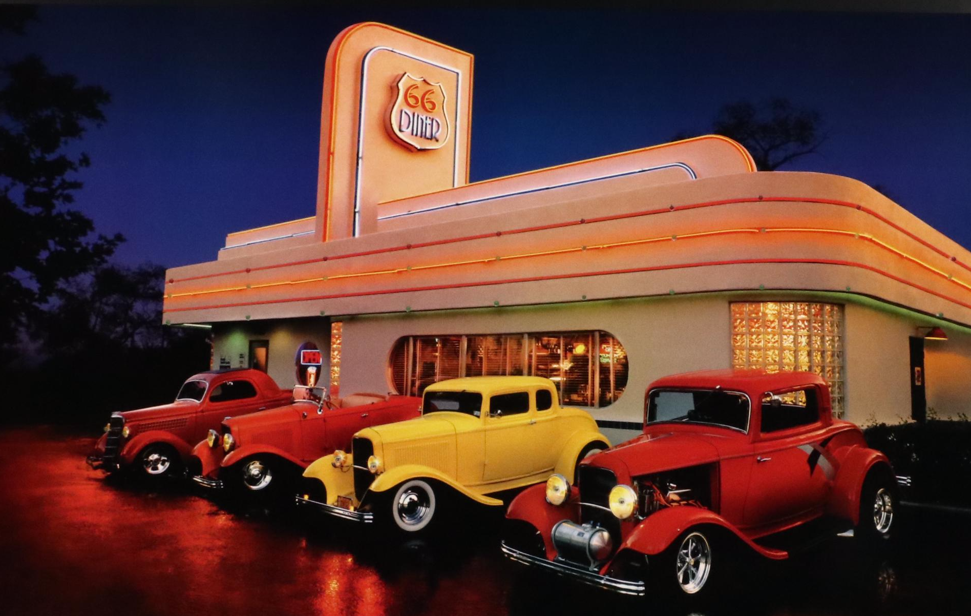 Light-Up Offset Lithograph "Route 66 Diner," Late 20th Century