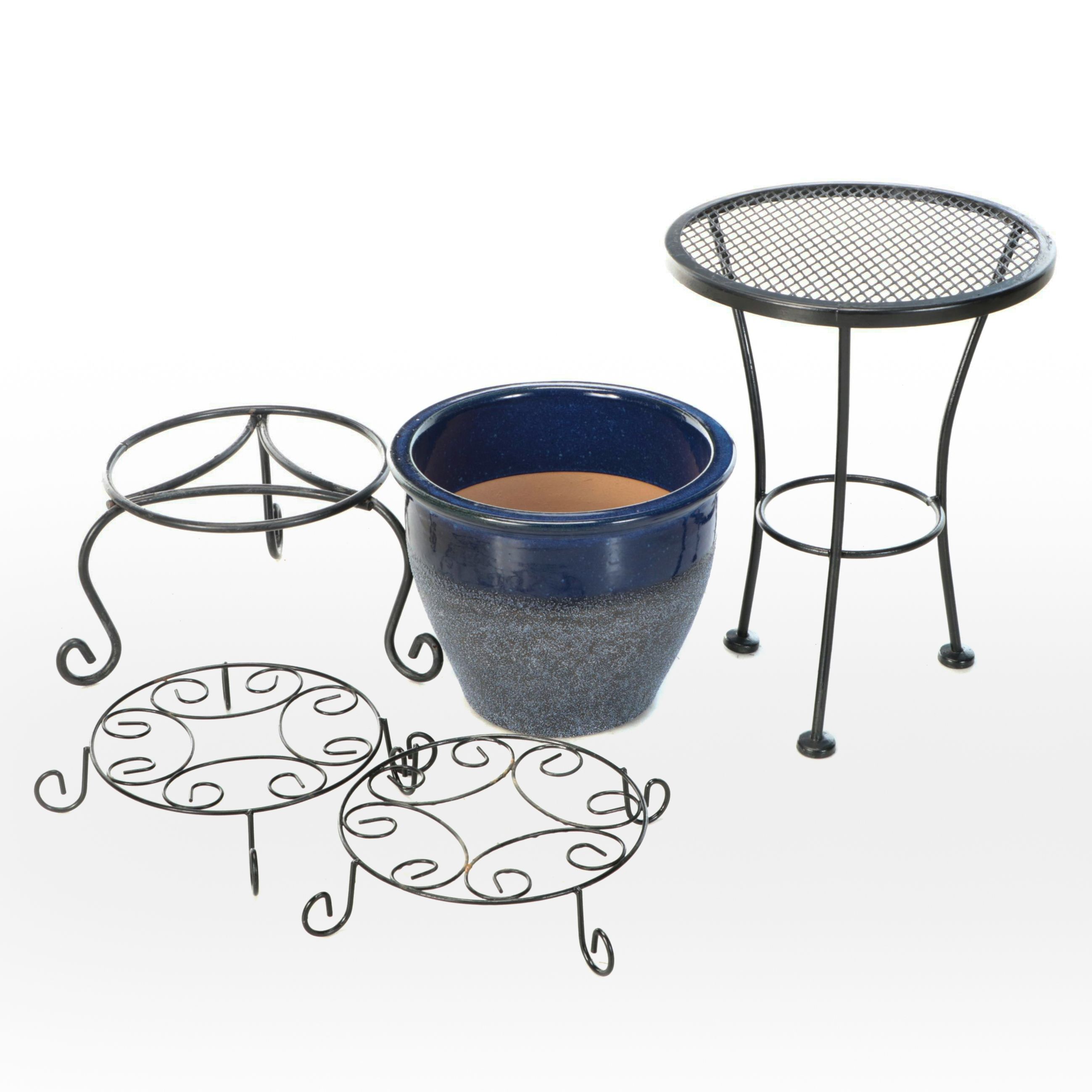 Glazed Ceramic Planter, Wrought Iron Side Table, and Metal Plant Stands