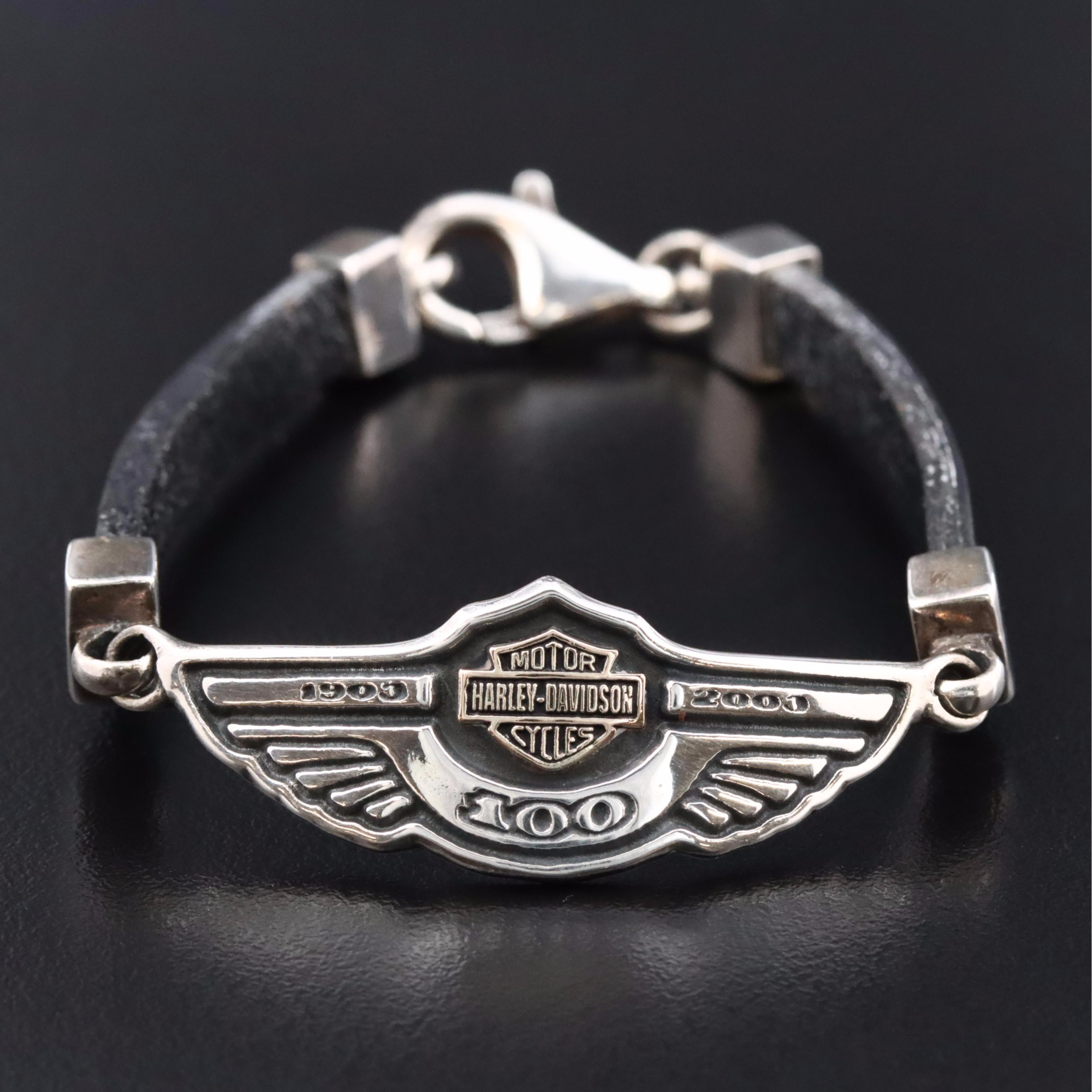 Harley Davidson Sterling & Leather 100 Year Anniversary Bracelet with 10K Accent