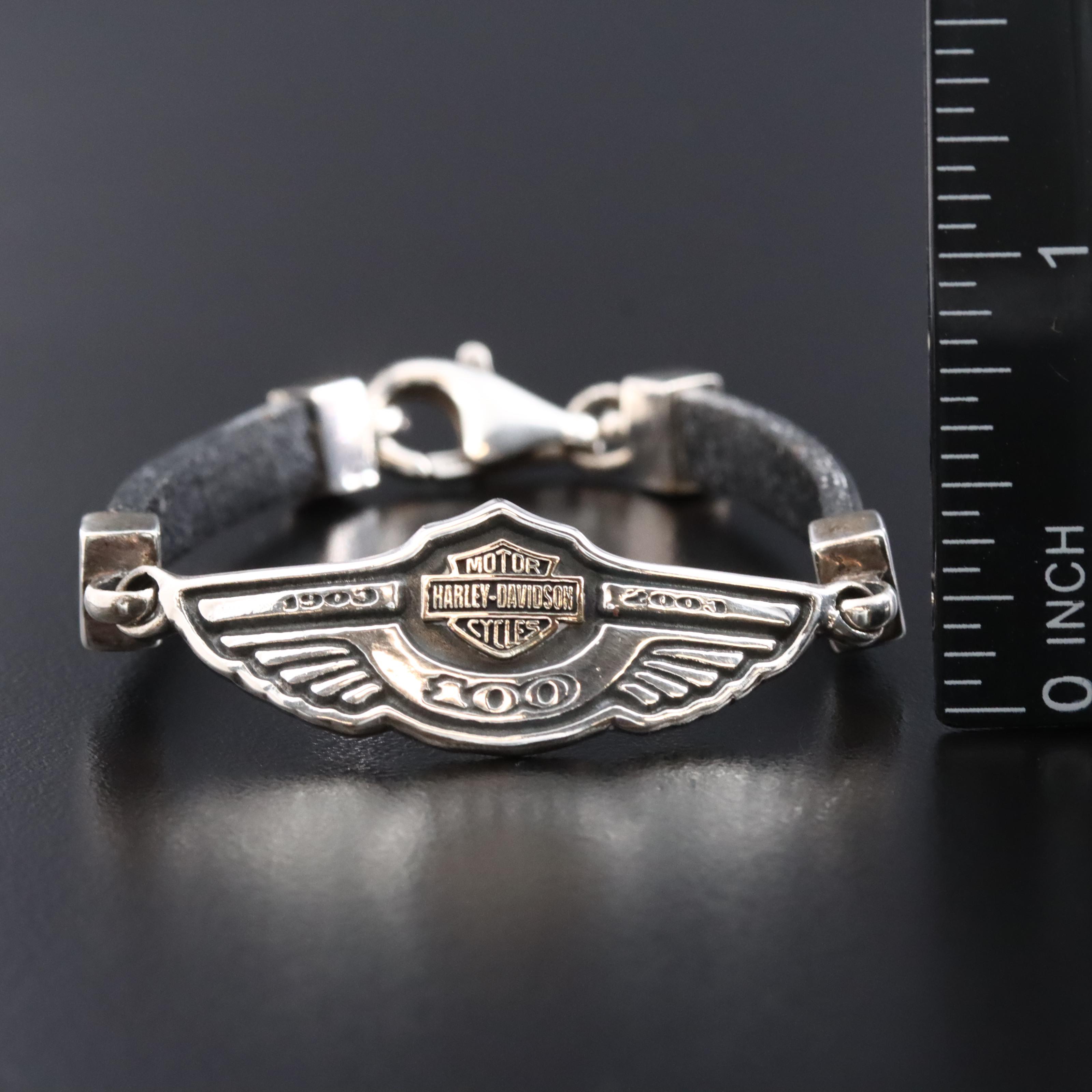 Harley Davidson Sterling & Leather 100 Year Anniversary Bracelet with 10K Accent