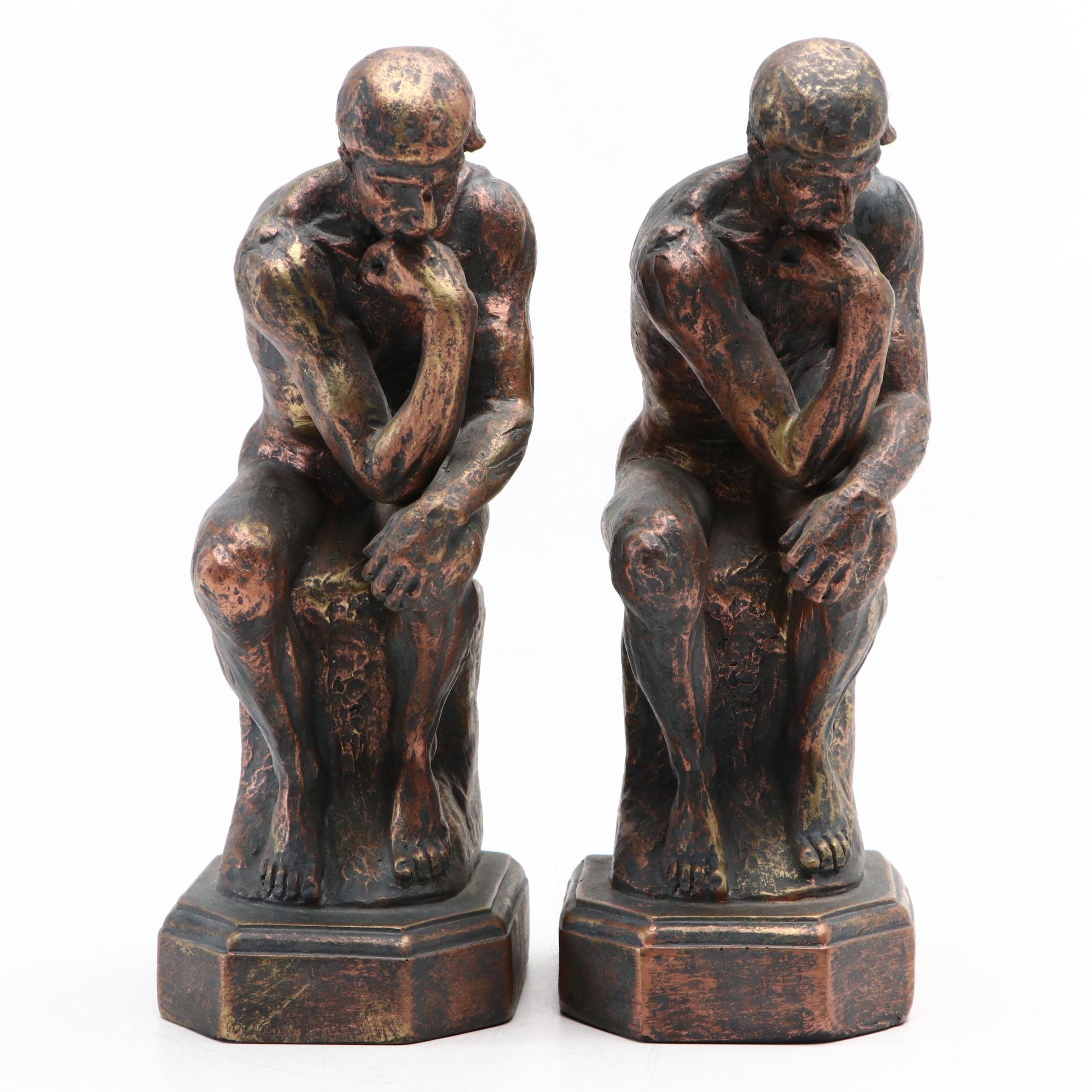 "The Thinker" Chalkware Bookends After Auguste Rodin