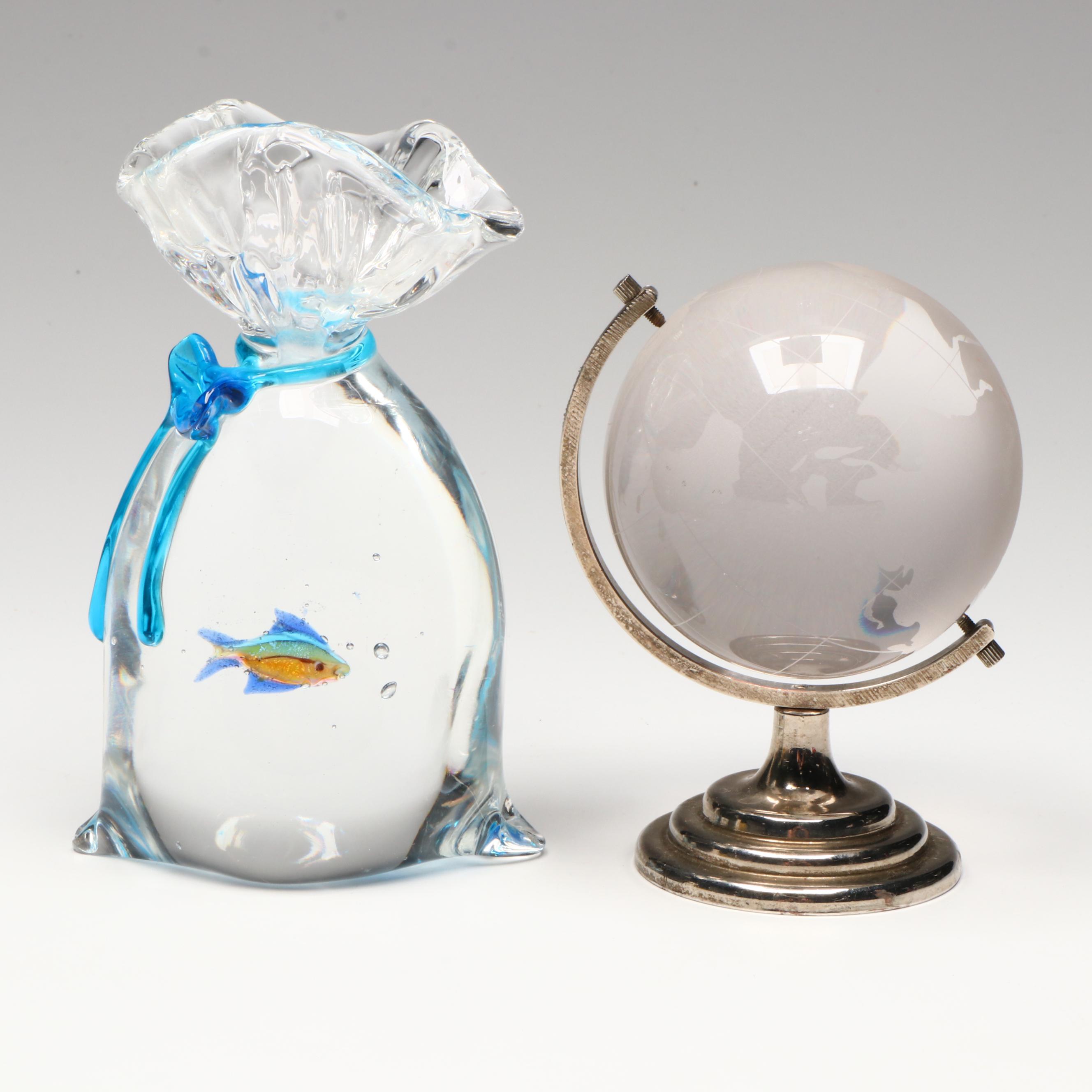 Studio Glass Pet Store Fish in Bag with Etched Globe Paperweights