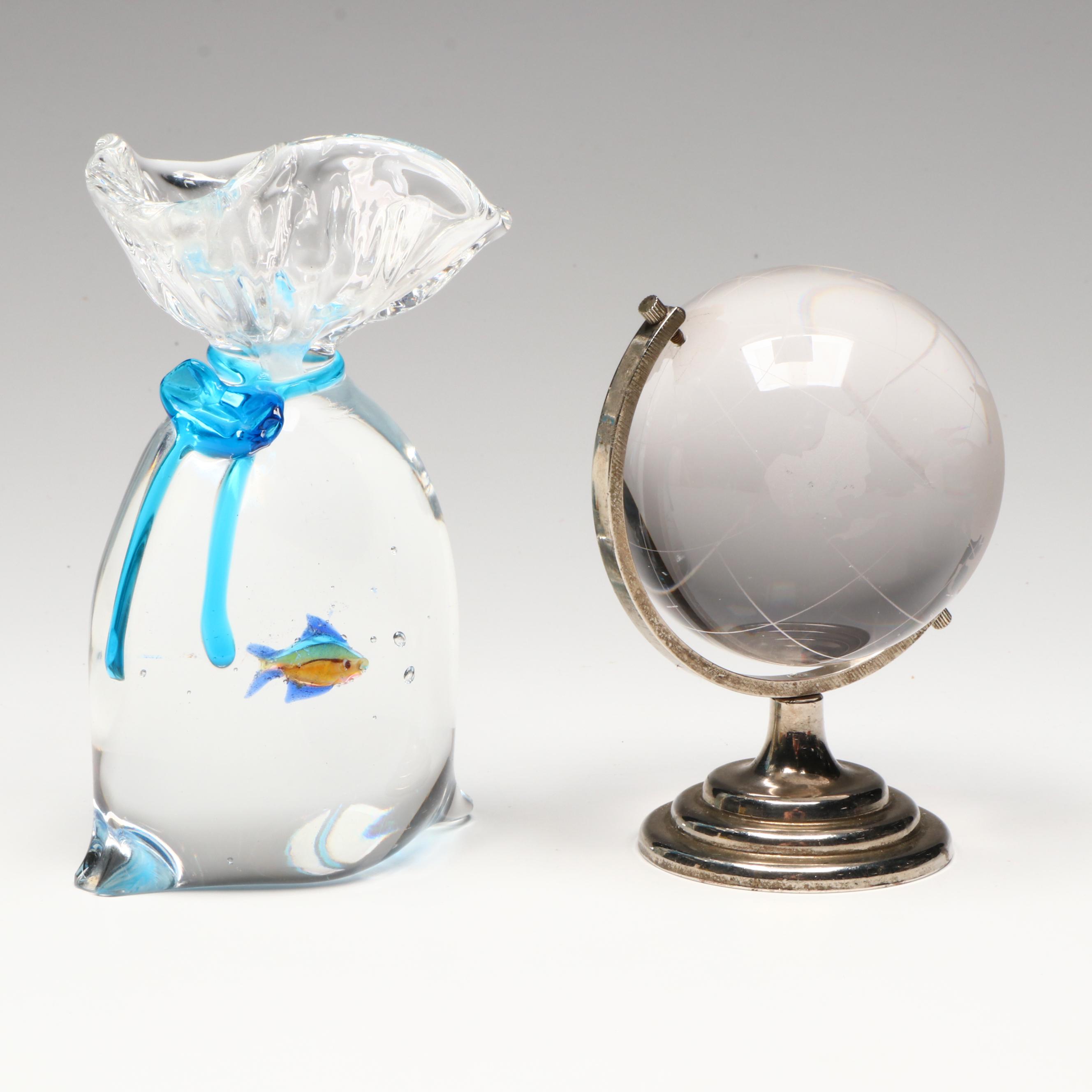 Studio Glass Pet Store Fish in Bag with Etched Globe Paperweights