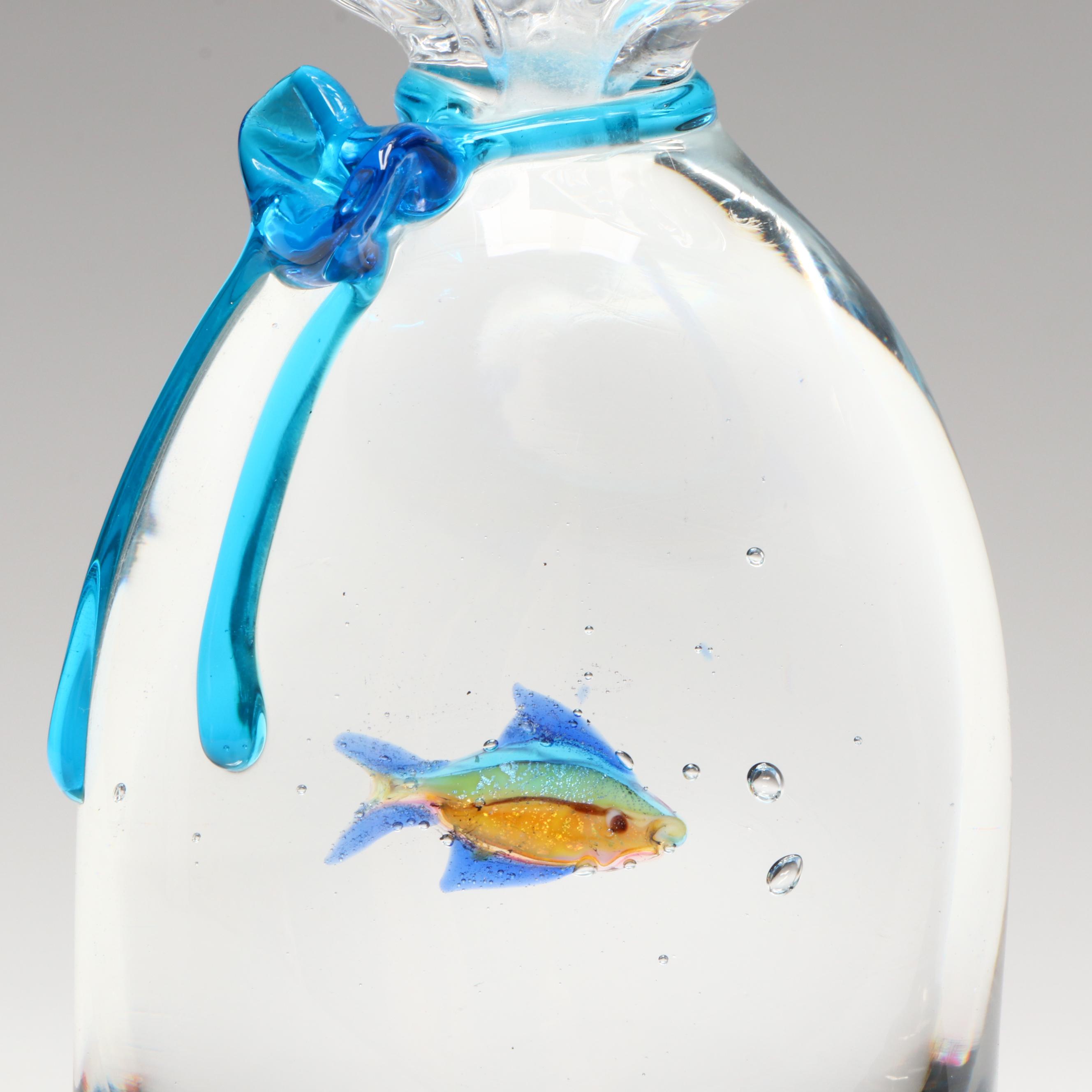 Studio Glass Pet Store Fish in Bag with Etched Globe Paperweights