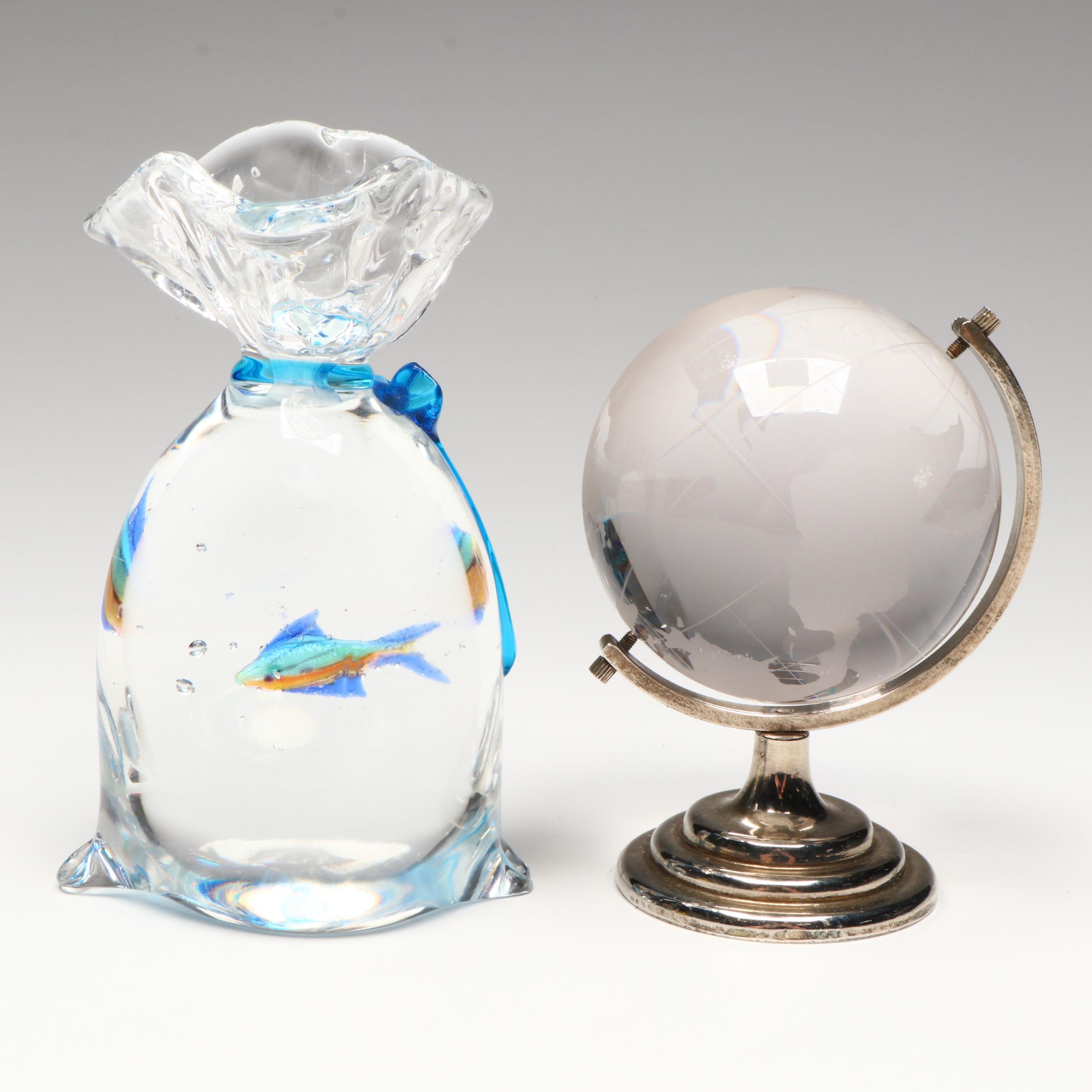 Studio Glass Pet Store Fish in Bag with Etched Globe Paperweights