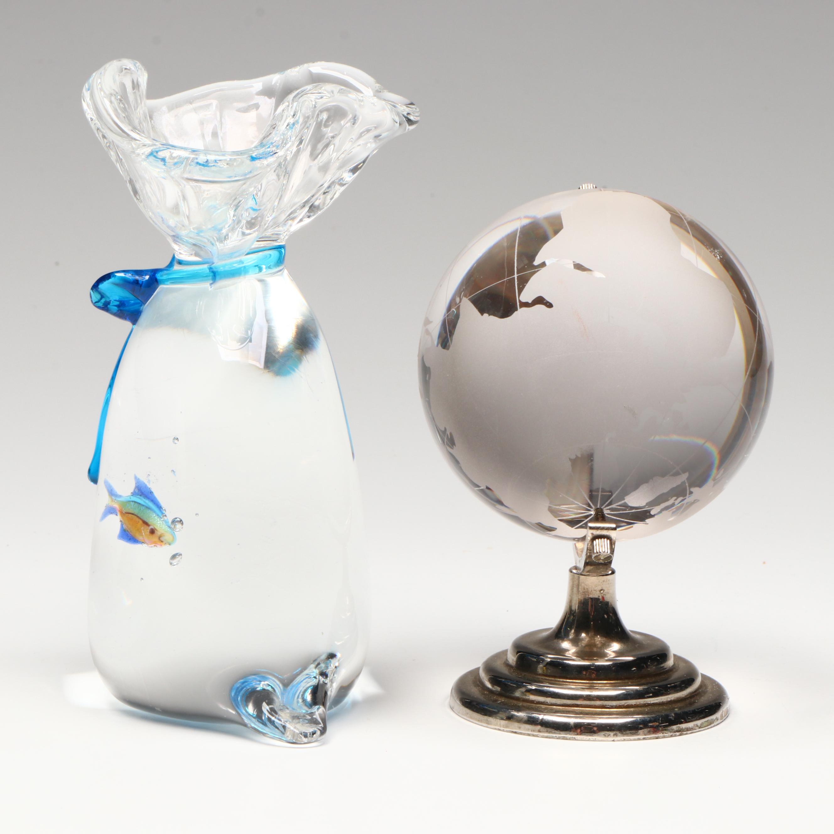 Studio Glass Pet Store Fish in Bag with Etched Globe Paperweights