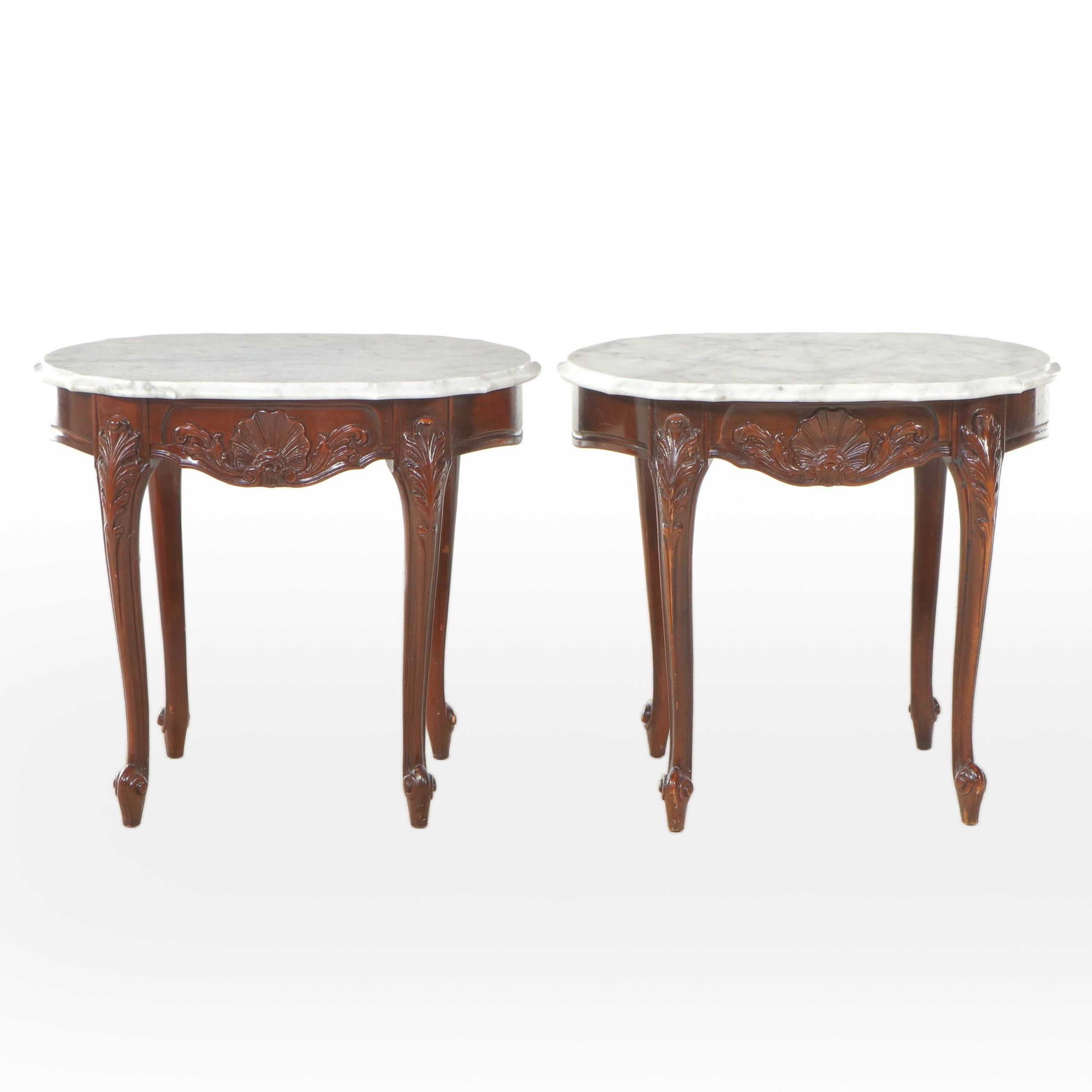 Pair of Victorian Carved Walnut End Tables with Marble Tops