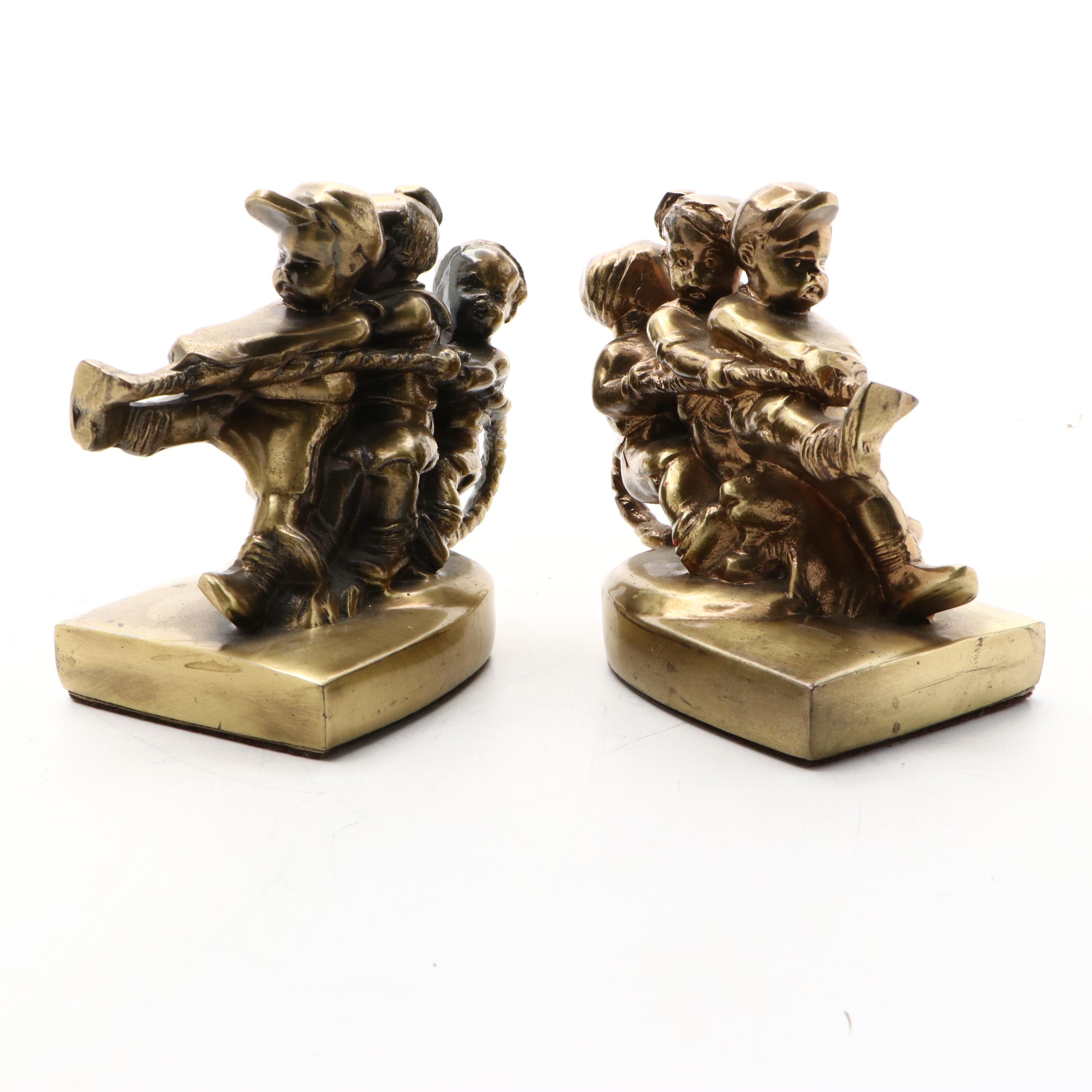 PM Craftsman Brass Finish Tug-of-War Bookends, Mid-20th Century