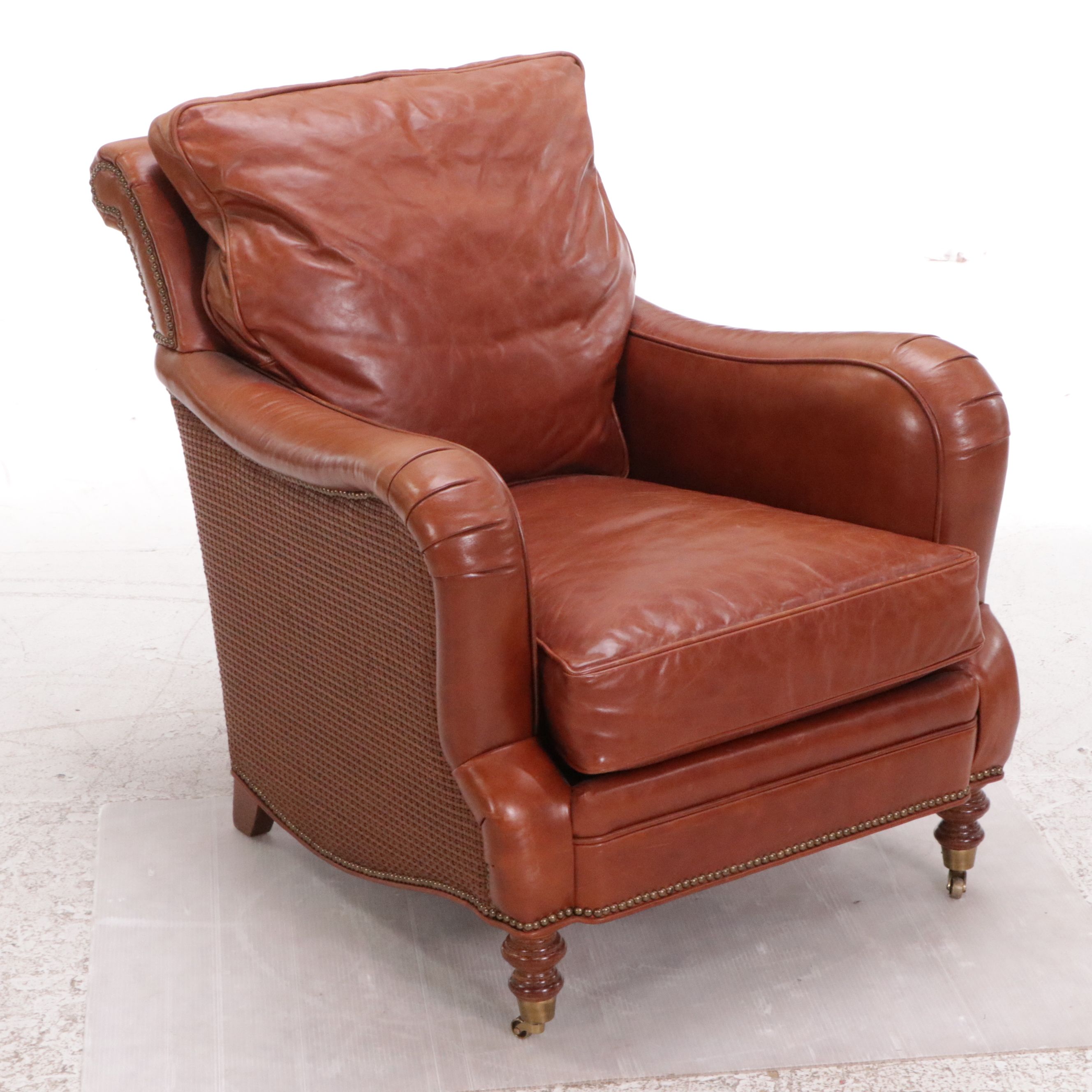 Wesley Hall "Barrington" Chestnut Brown Leather Armchair and Ottoman