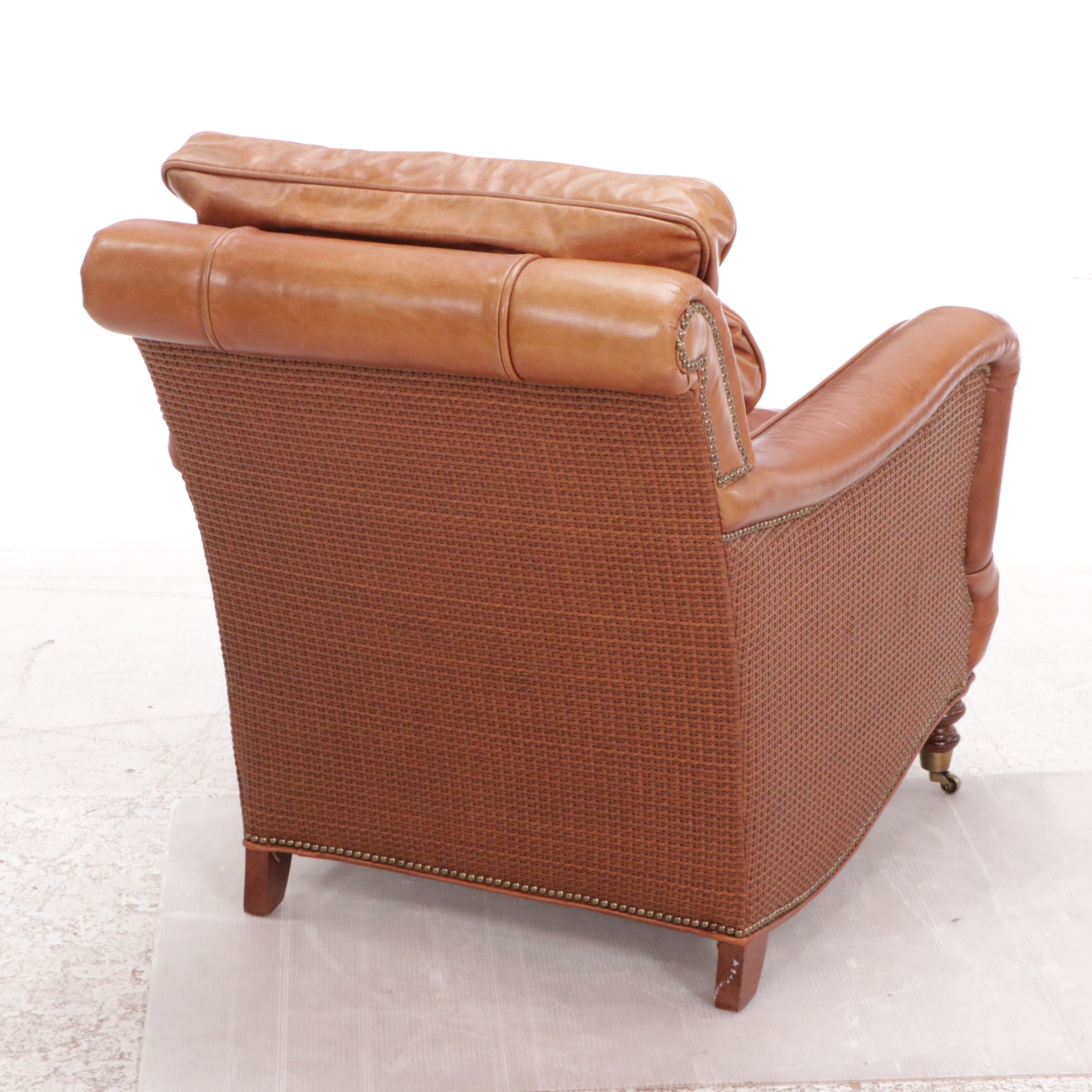 Wesley Hall "Barrington" Chestnut Brown Leather Armchair and Ottoman