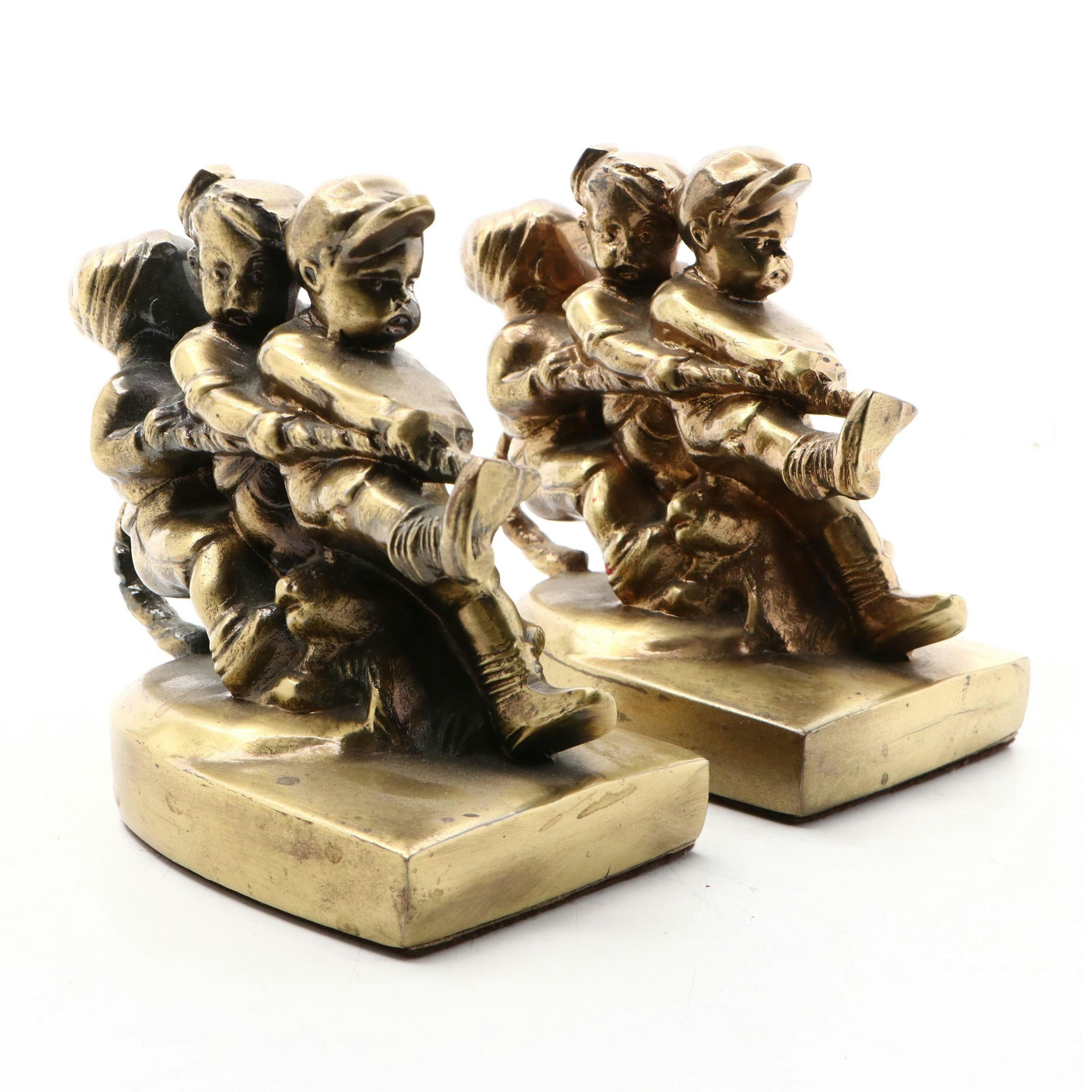 PM Craftsman Brass Finish Tug-of-War Bookends, Mid-20th Century