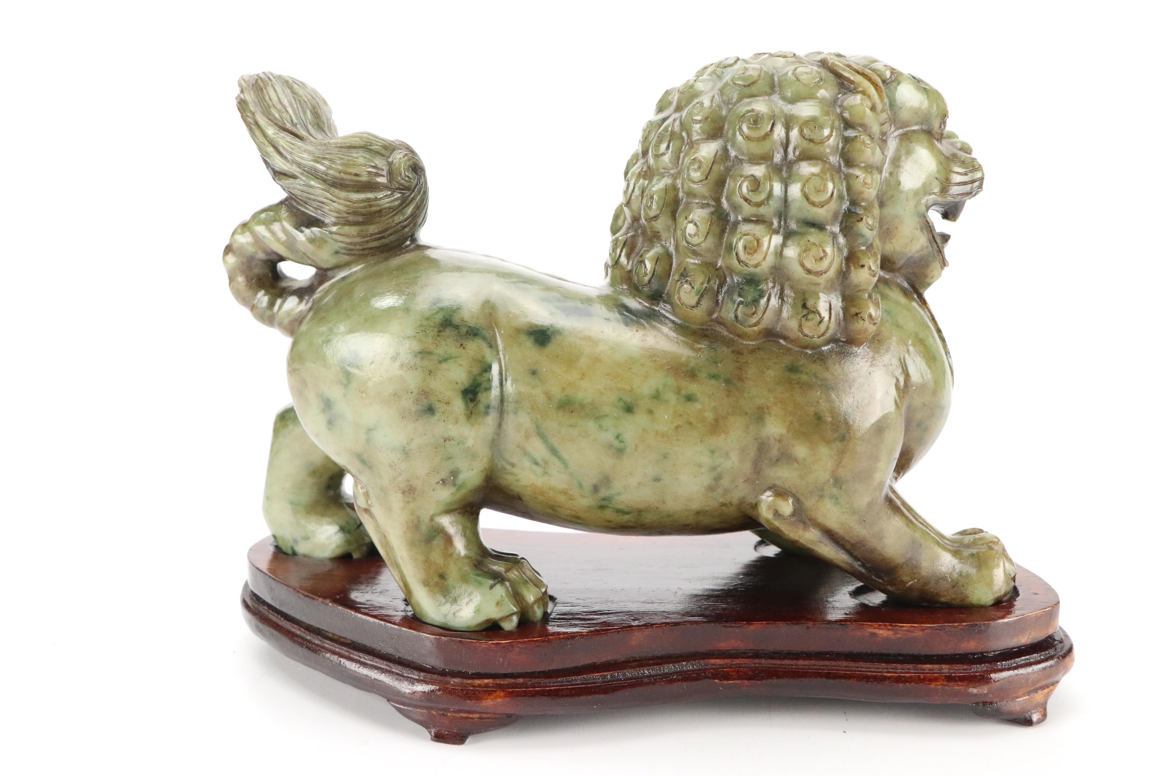 Chinese Carved Serpentine Guardian Lion with Custom Stand and Presentation Box