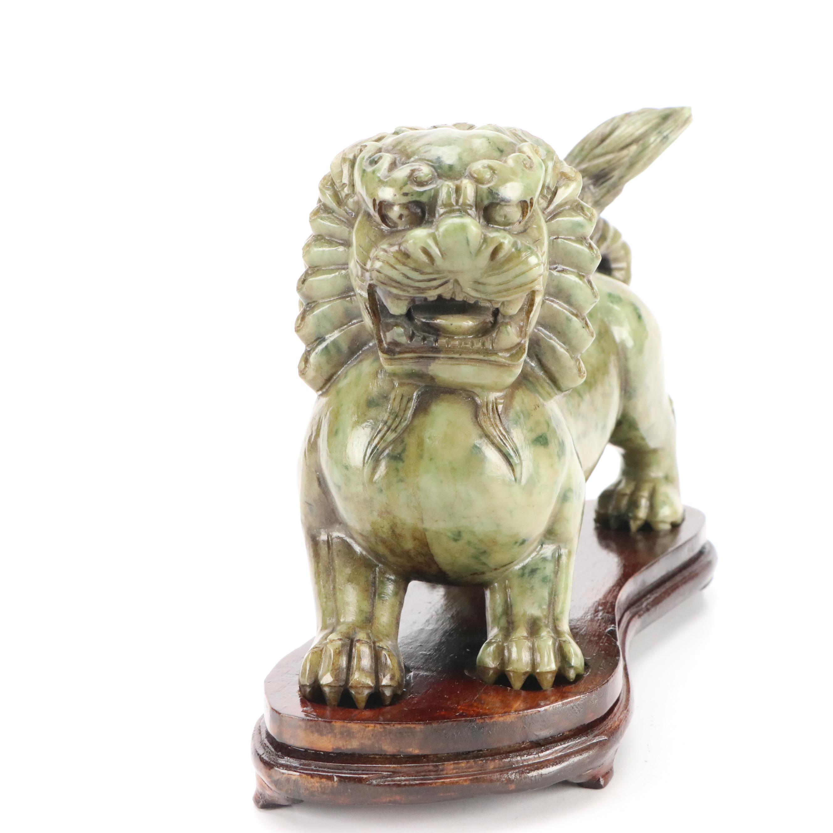Chinese Carved Serpentine Guardian Lion with Custom Stand and Presentation Box