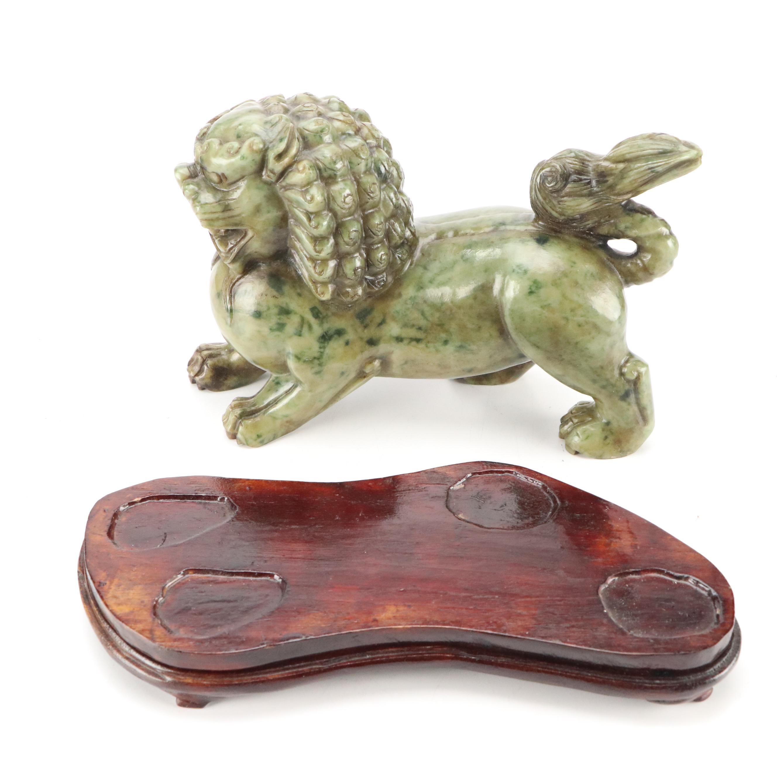 Chinese Carved Serpentine Guardian Lion with Custom Stand and Presentation Box