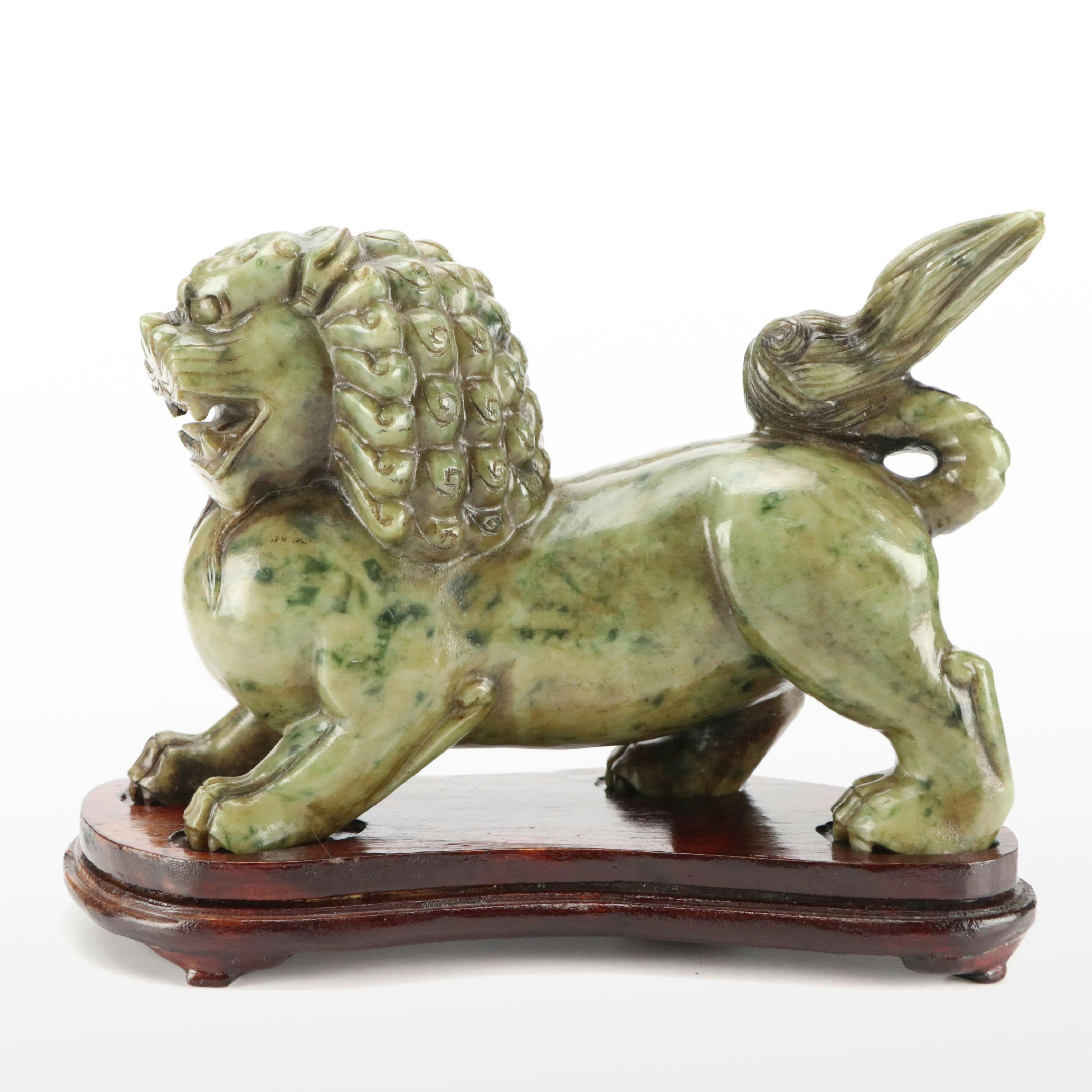 Chinese Carved Serpentine Guardian Lion with Custom Stand and Presentation Box