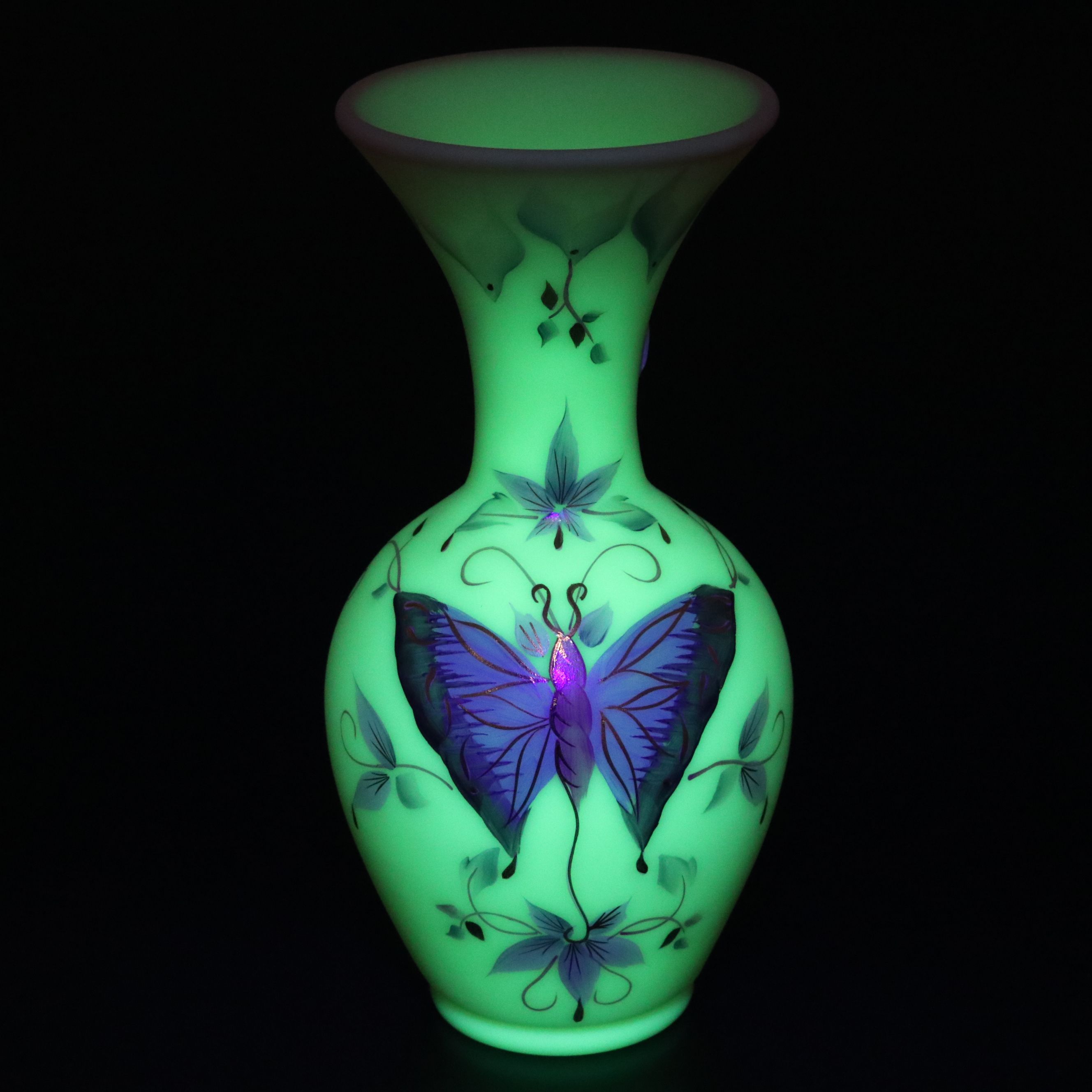 Fenton Embossed Swan Burmese Glass Vase with Hand-Painted Butterfly Vase