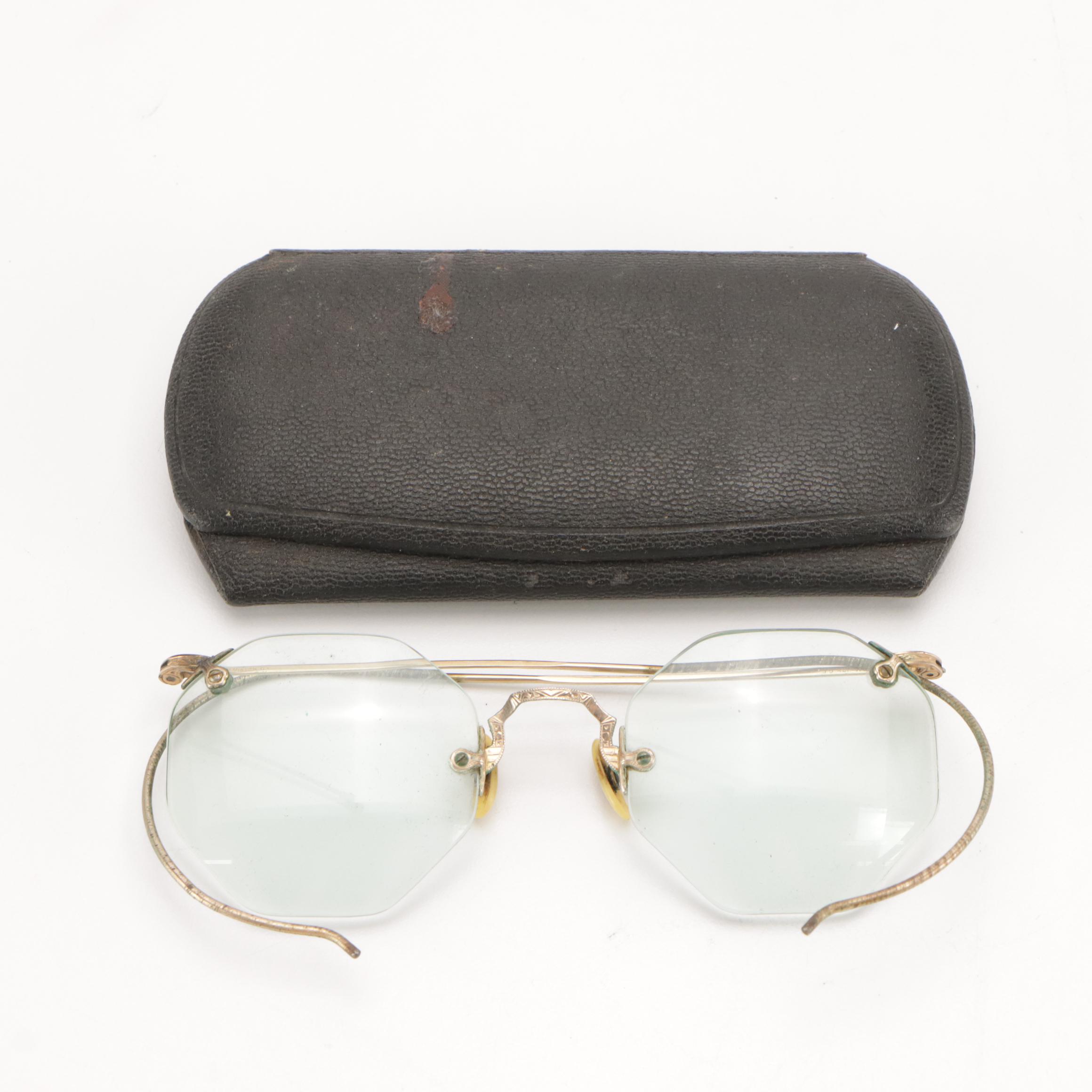 Antique Gold Filled Prescription Rimless and Windsor Eyeglasses with Cases