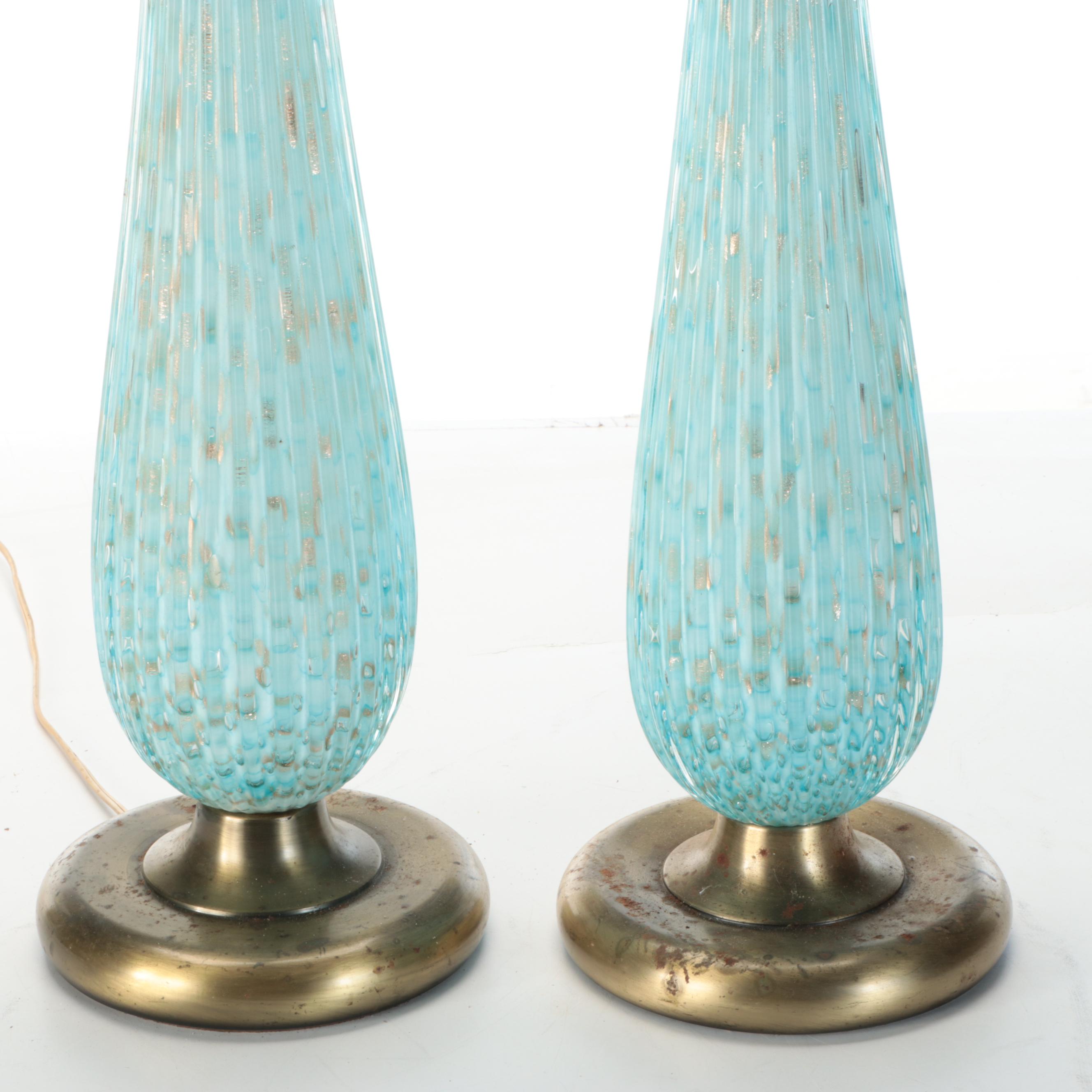 Monumental Pair of Murano Ribbed Turquoise with Aventurine Art Glass Table Lamps