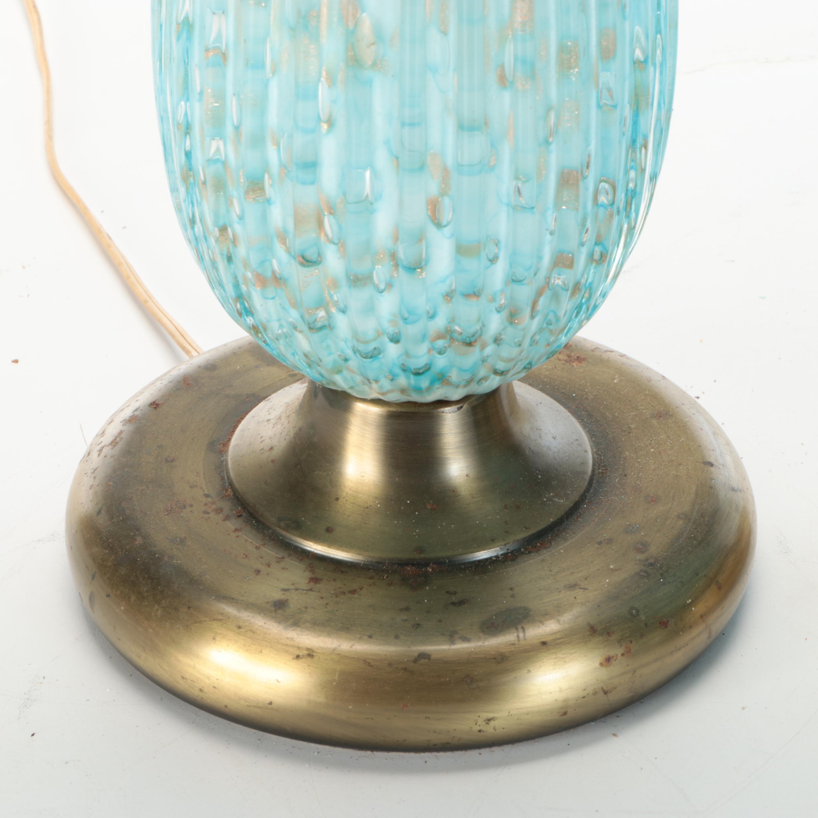 Monumental Pair of Murano Ribbed Turquoise with Aventurine Art Glass Table Lamps