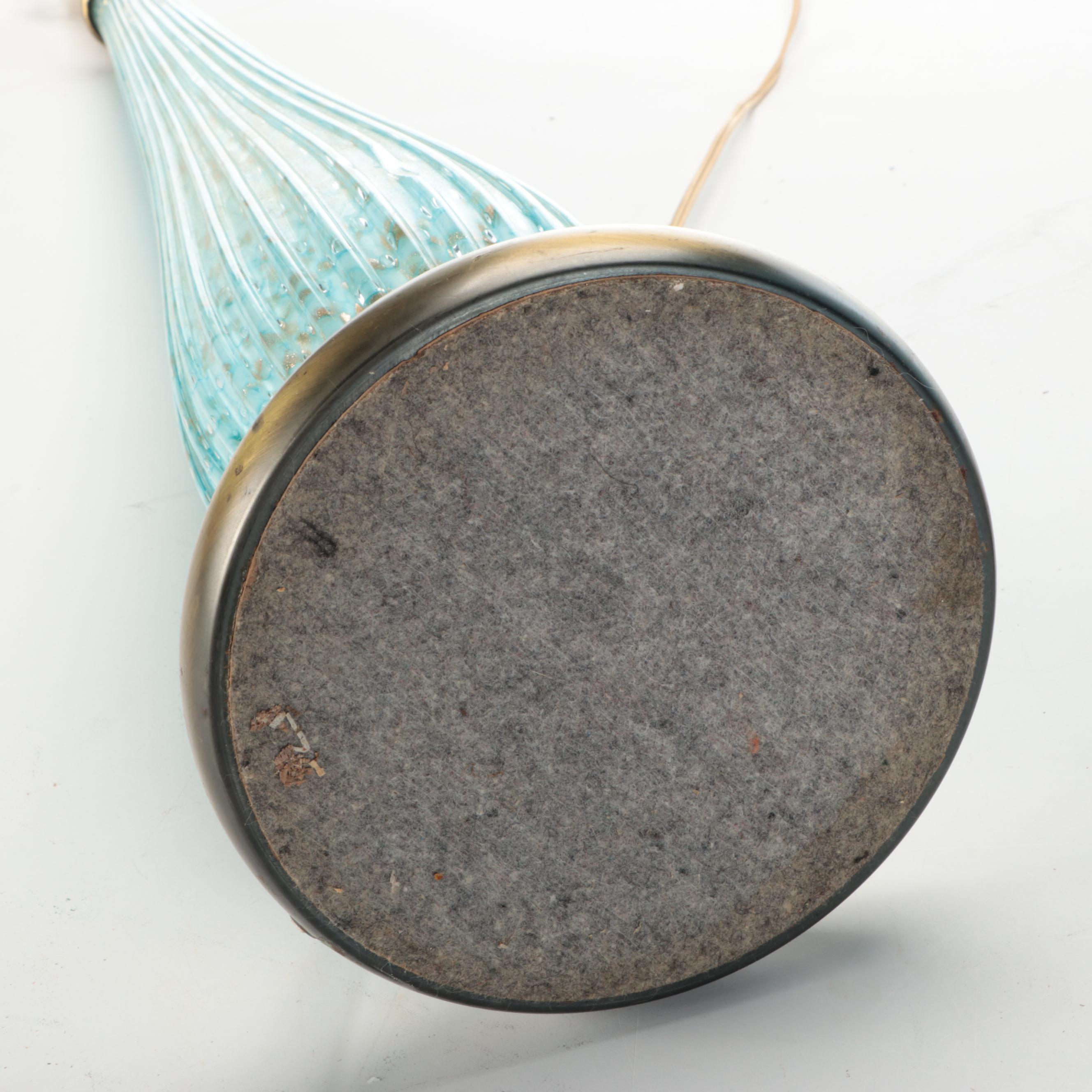 Monumental Pair of Murano Ribbed Turquoise with Aventurine Art Glass Table Lamps