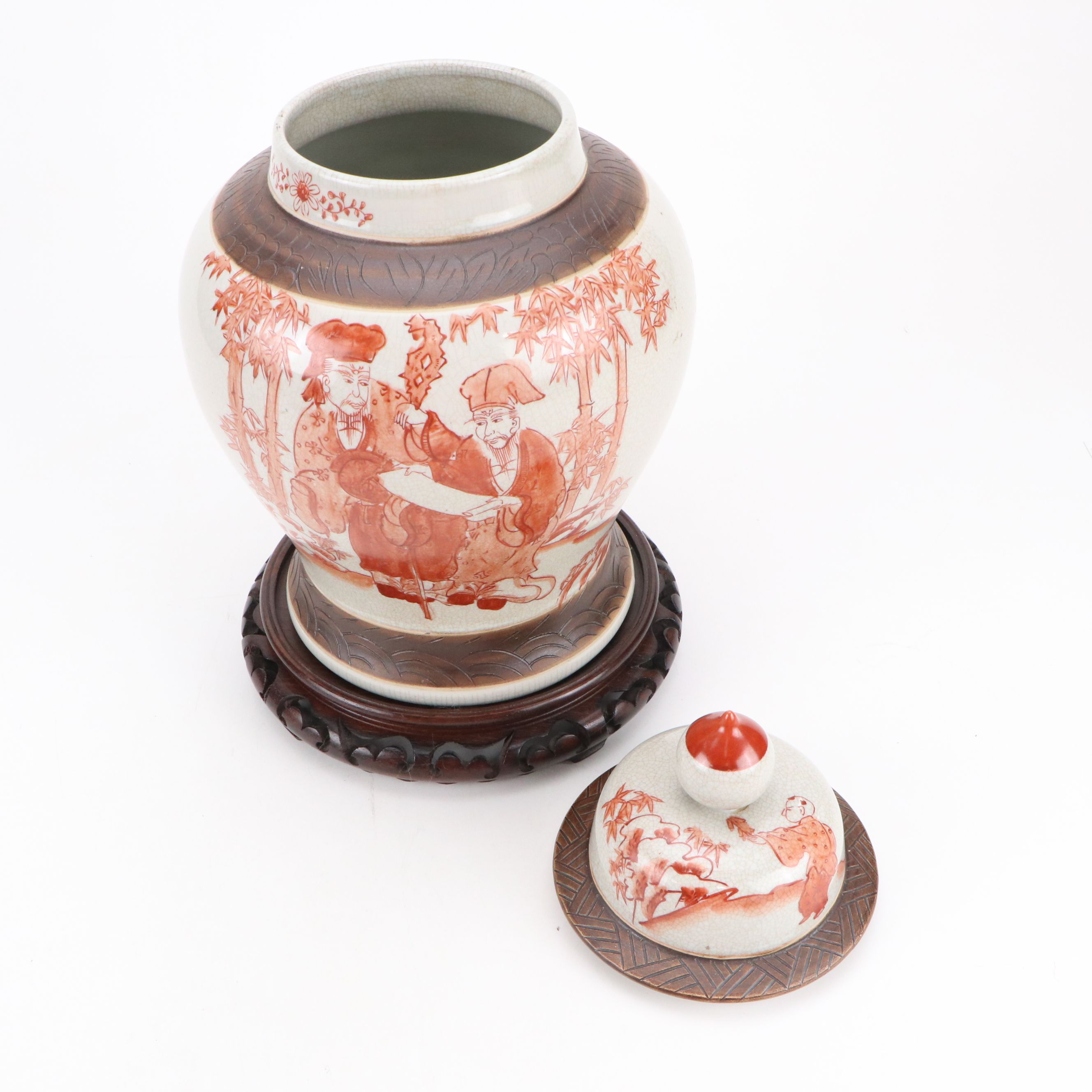 Japanese Porcelain Ginger Jar on Carved Wooden Stand