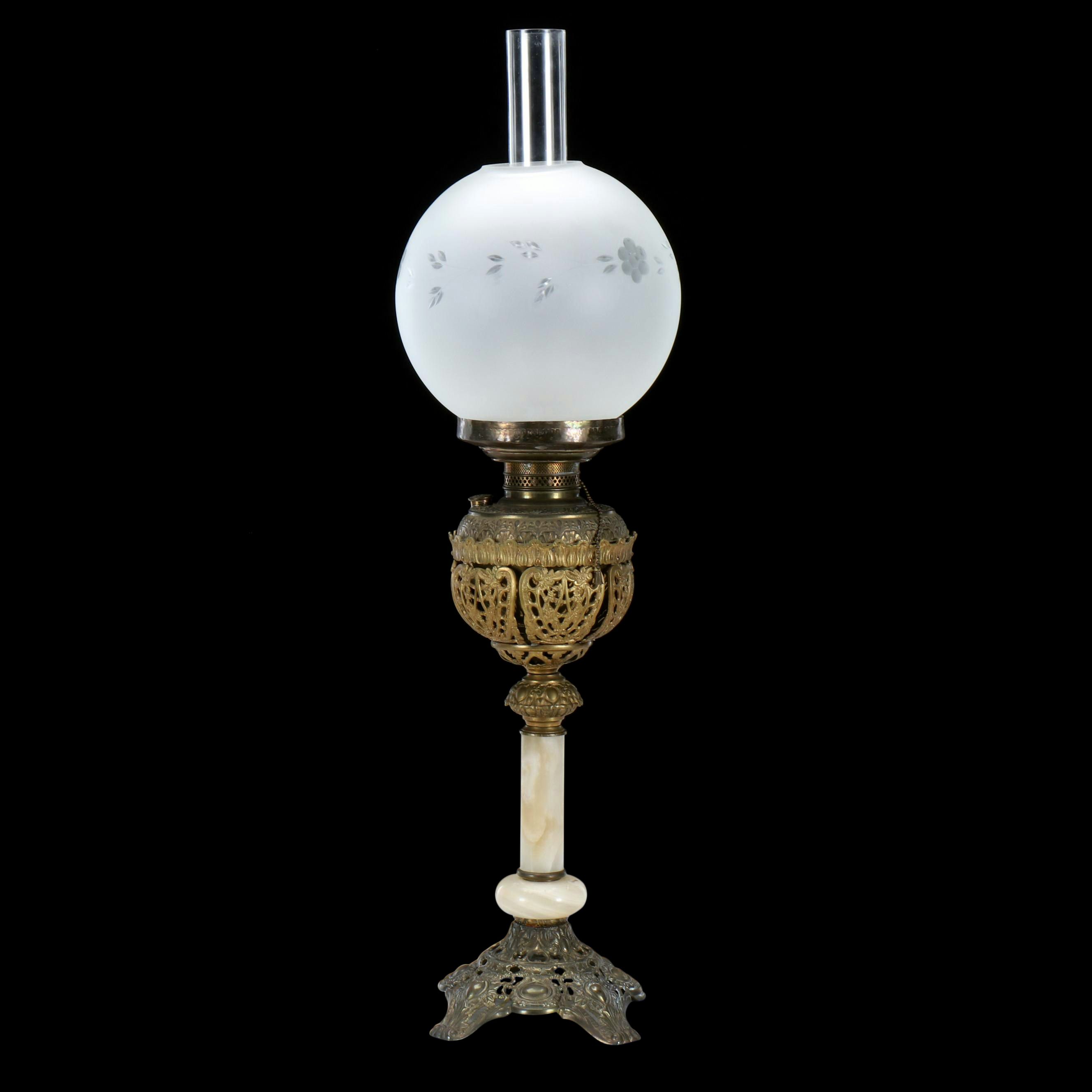Victorian Brass and Marble Banquet Oil Lamp, Adapted Mid-20th Century