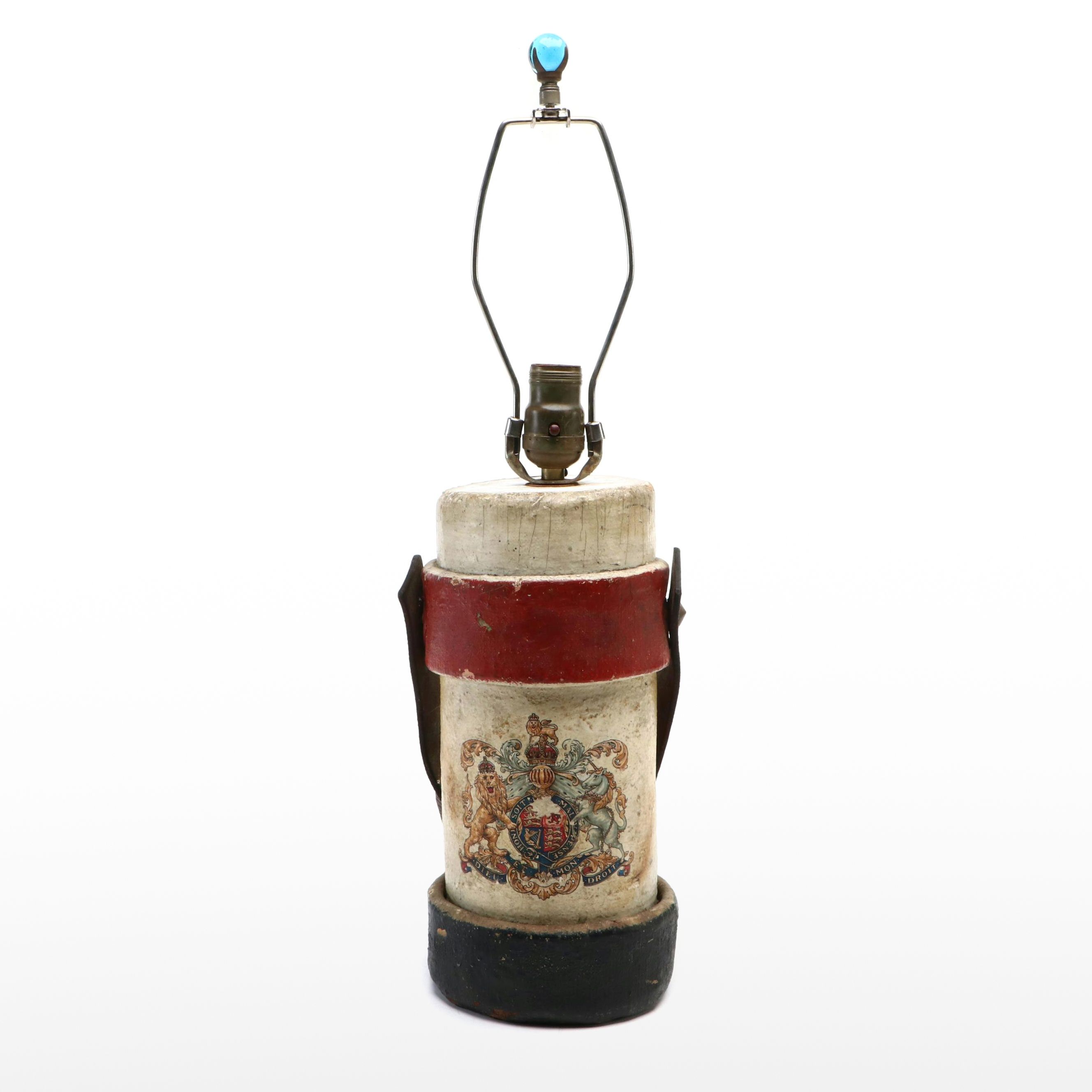 English Table Lamp adapted from a Leather British Royal Artillery Shell Carrier