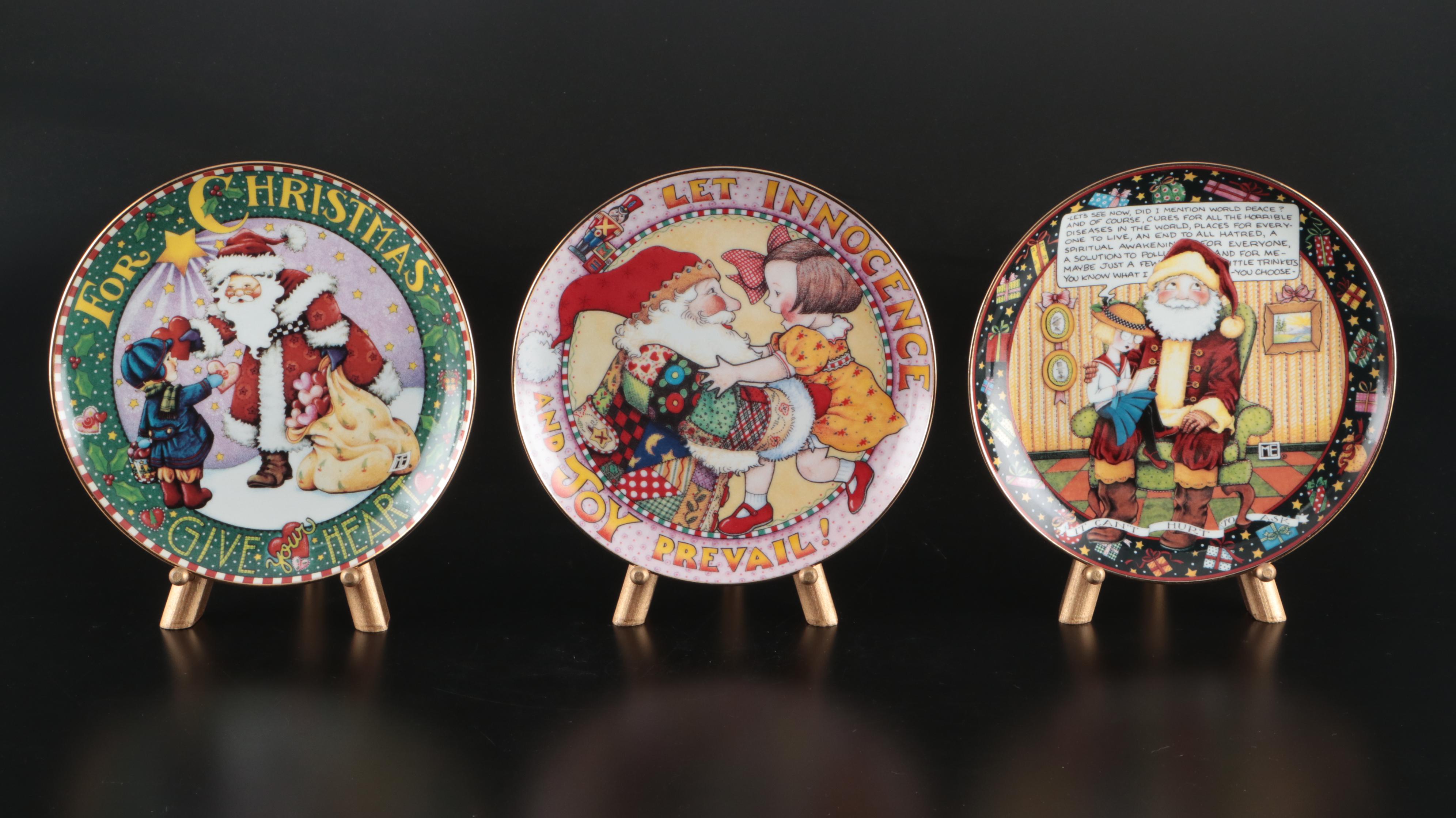 Danbury Mint "A Mary Engelbreit Christmas"  Porcelain Plates with Wood Stands