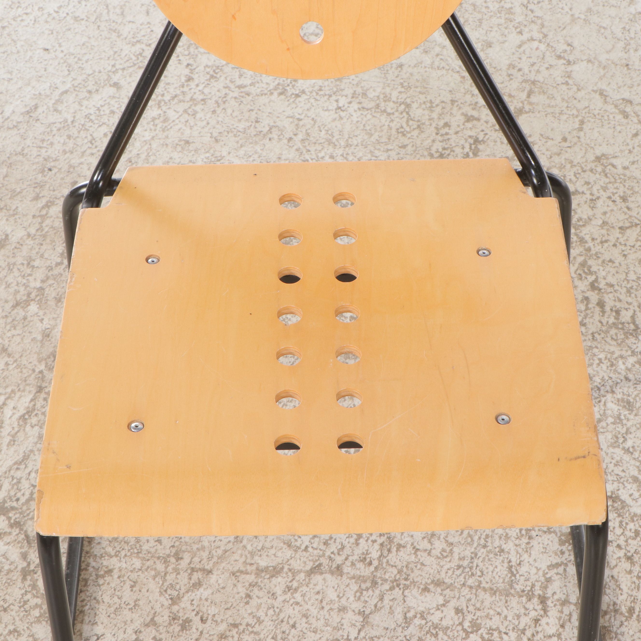 Set of Four Lowenstein Postmodernist Metal and Plywood Dining Chairs