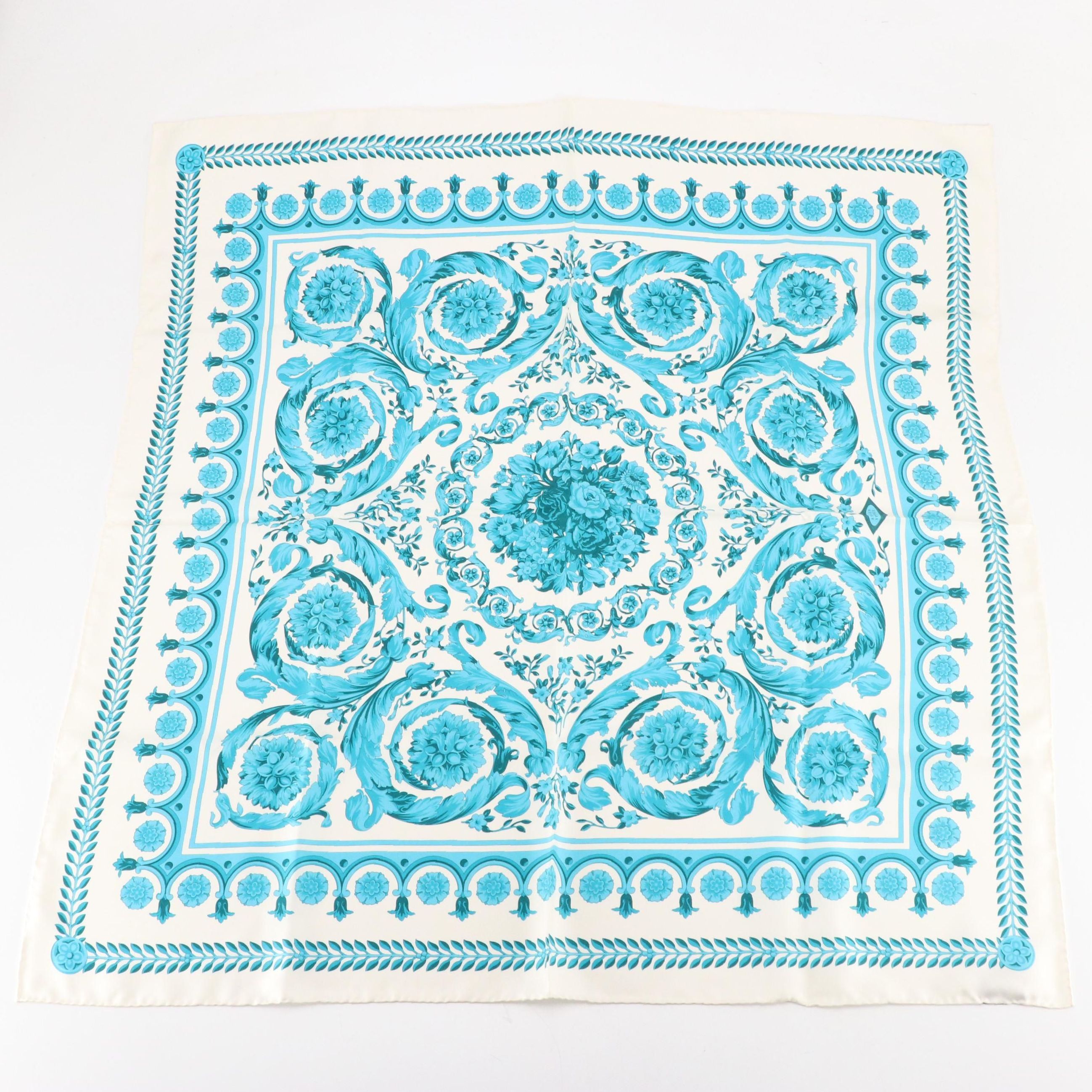Versace Blue Printed Silk Twill Scarf in Box