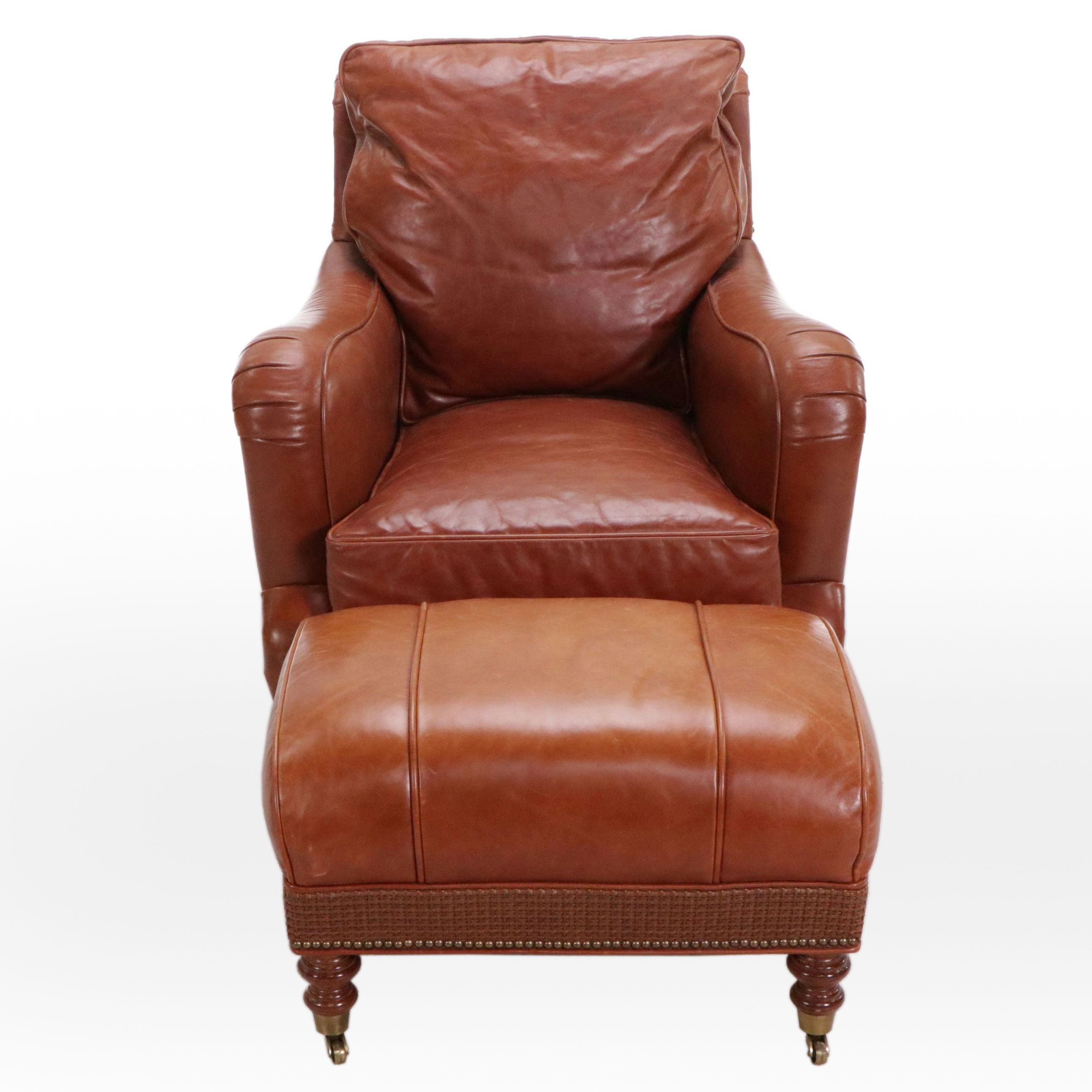 Wesley Hall "Barrington" Chestnut Brown Leather Armchair and Ottoman